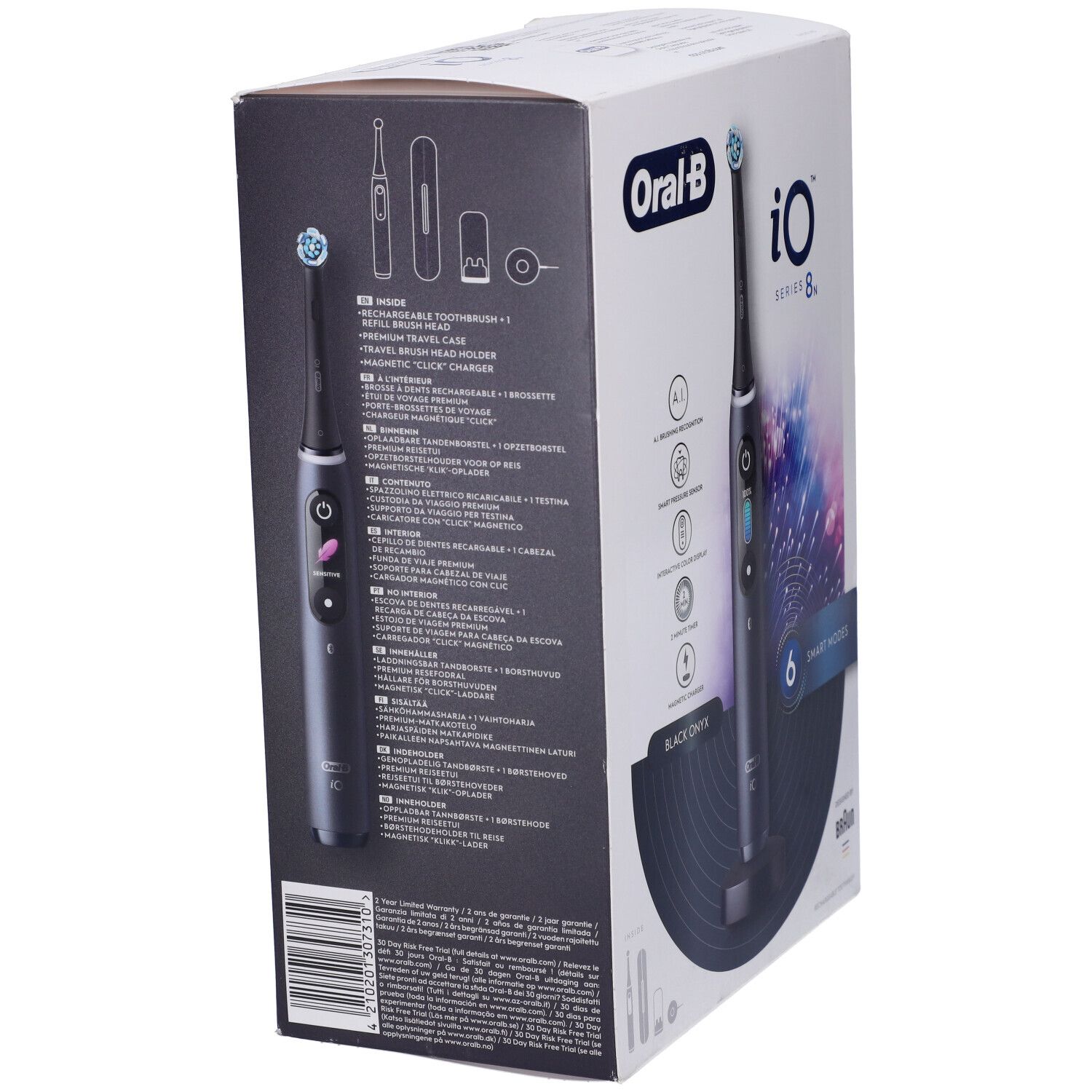 Retro della confezione dello spazzolino elettrico nero. Testo e illustrazioni del prodotto.