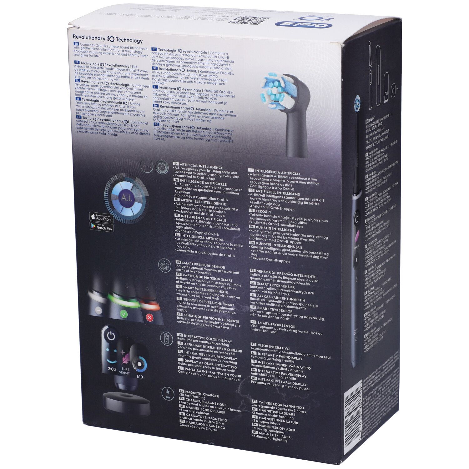 Retro della confezione dello spazzolino elettrico nero. Informazioni dettagliate sul prodotto.