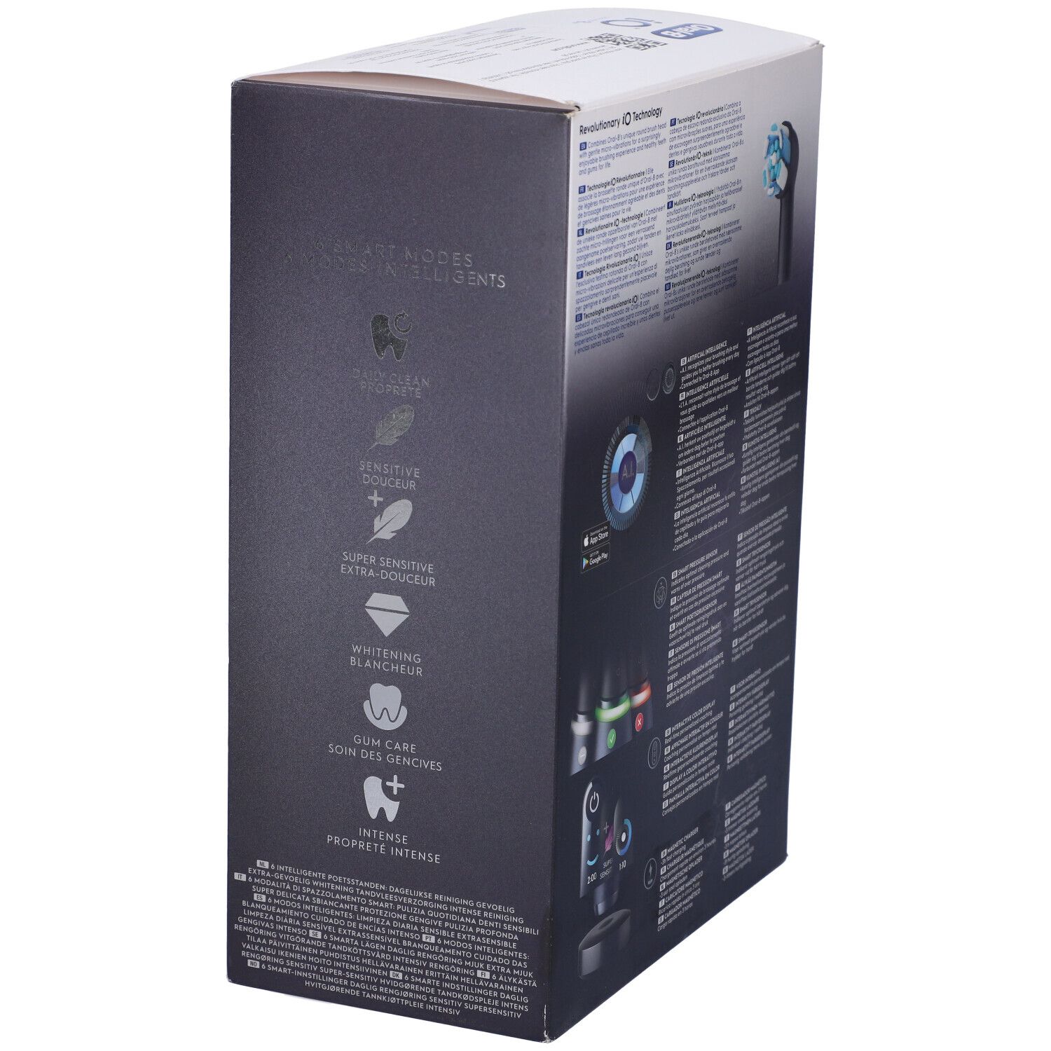 Confezione dello spazzolino elettrico. Sulla confezione: Oral-B iO Series 8N, 6 modalità.