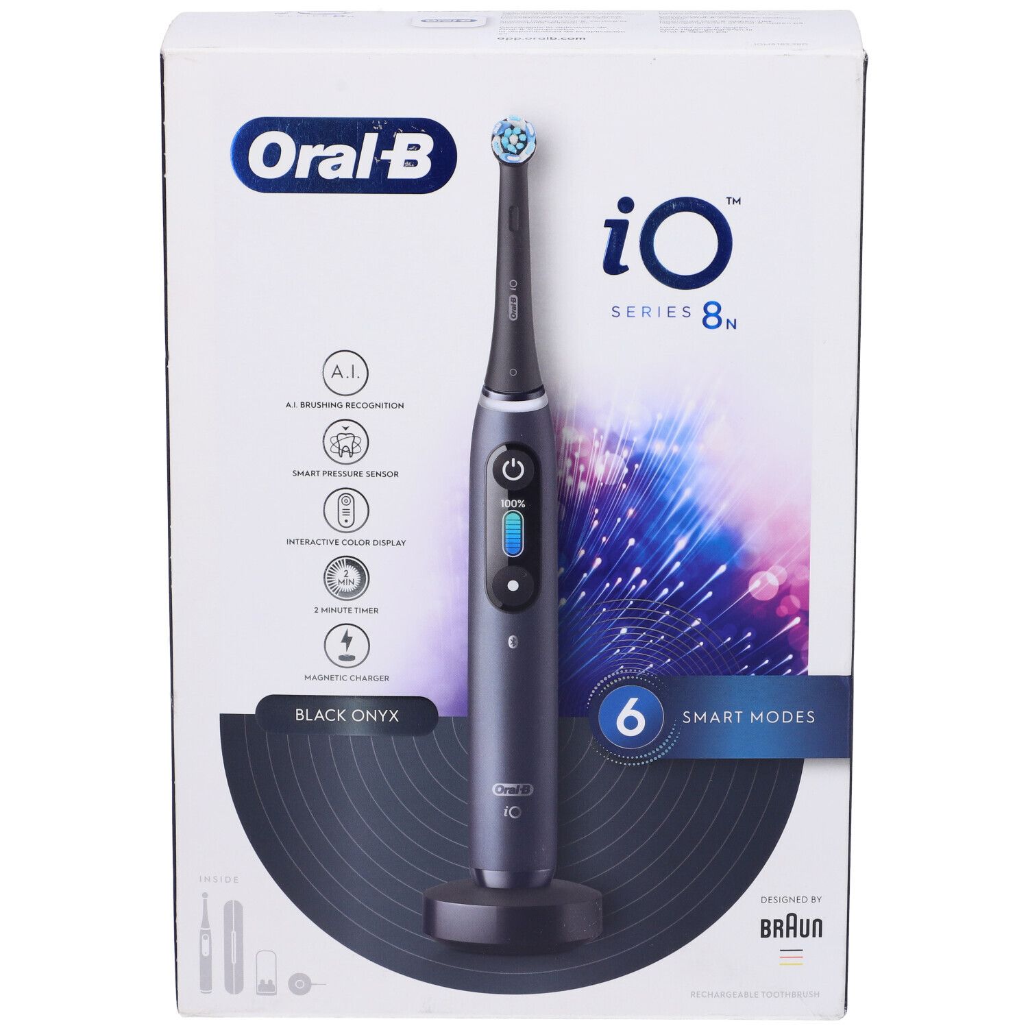 Confezione dello spazzolino elettrico. Sulla confezione: Oral-B iO Series 8N, 6 modalità.