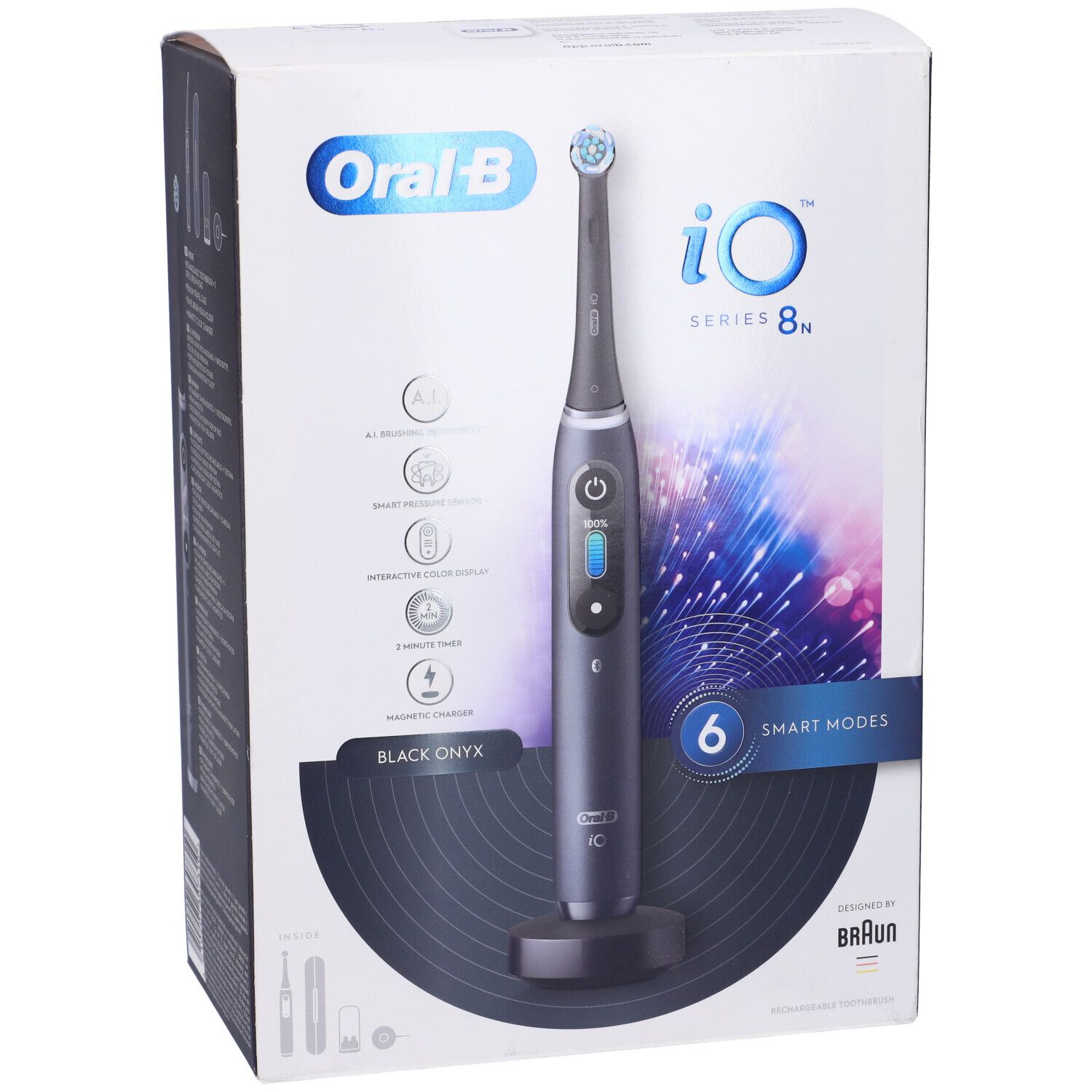 Confezione dello spazzolino elettrico. Sulla confezione: Oral-B iO Series 8N, 6 modalità.