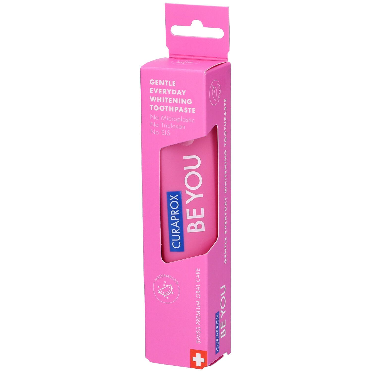 Confezione rosa con tubo di dentifricio. CURAPROX BE YOU, Gentle Everyday Whitening Toothpaste. Dispositivo per appendere. Swiss Premium Oral Care.