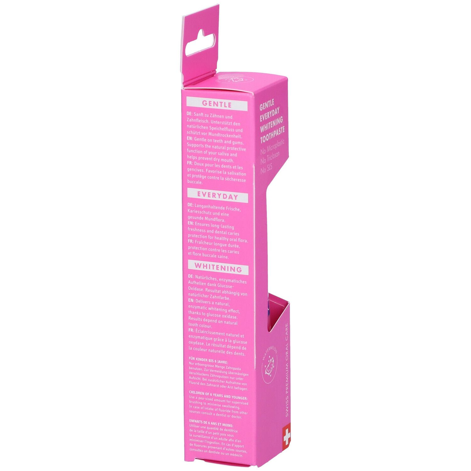 Confezione rosa, testo in tedesco, inglese e francese. Gentle Everyday Whitening Toothpaste. Ingredienti. Prodotto in Svizzera.