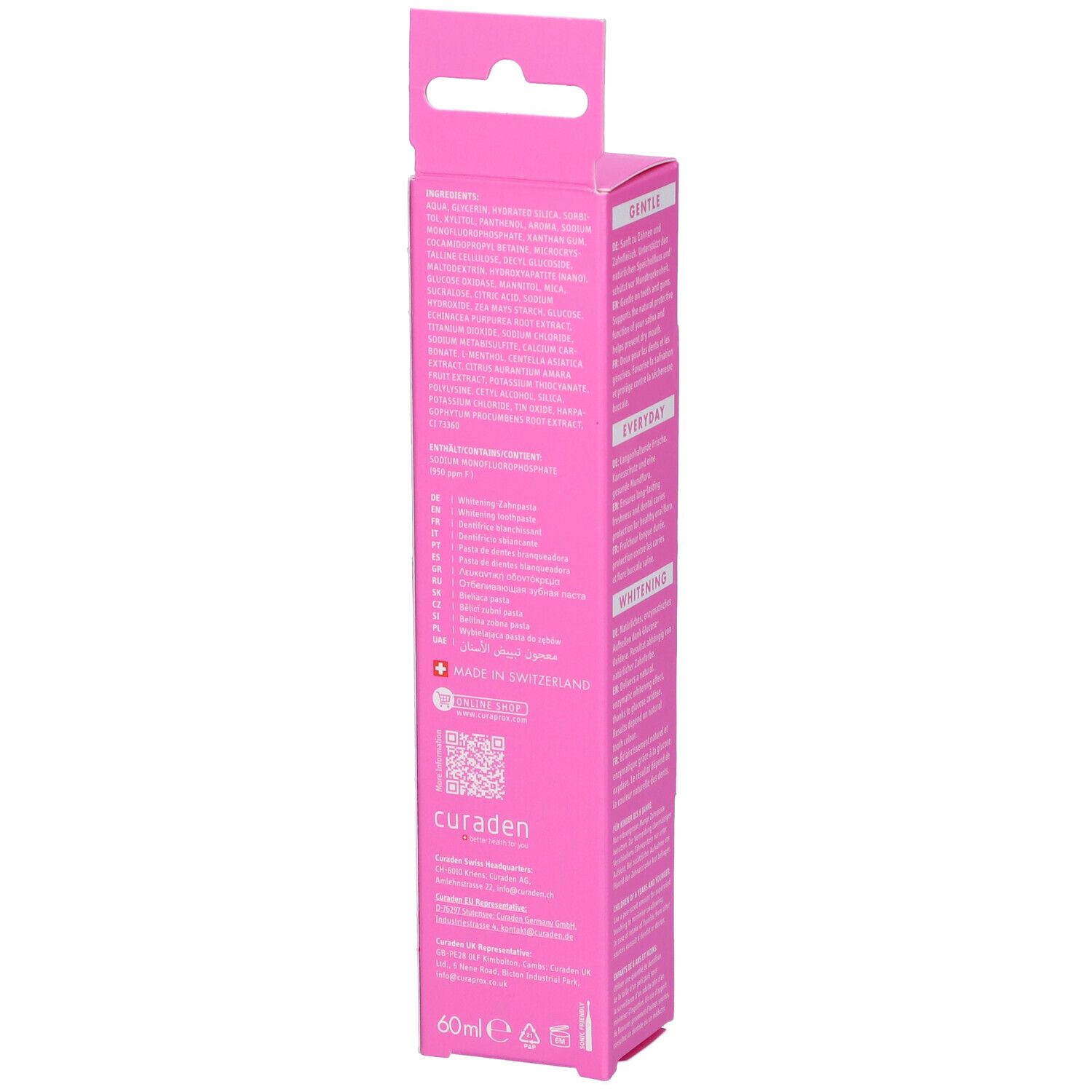 Confezione rosa, testo in tedesco, inglese e francese. Ingredienti, Prodotto in Svizzera. Logo CURADEN.