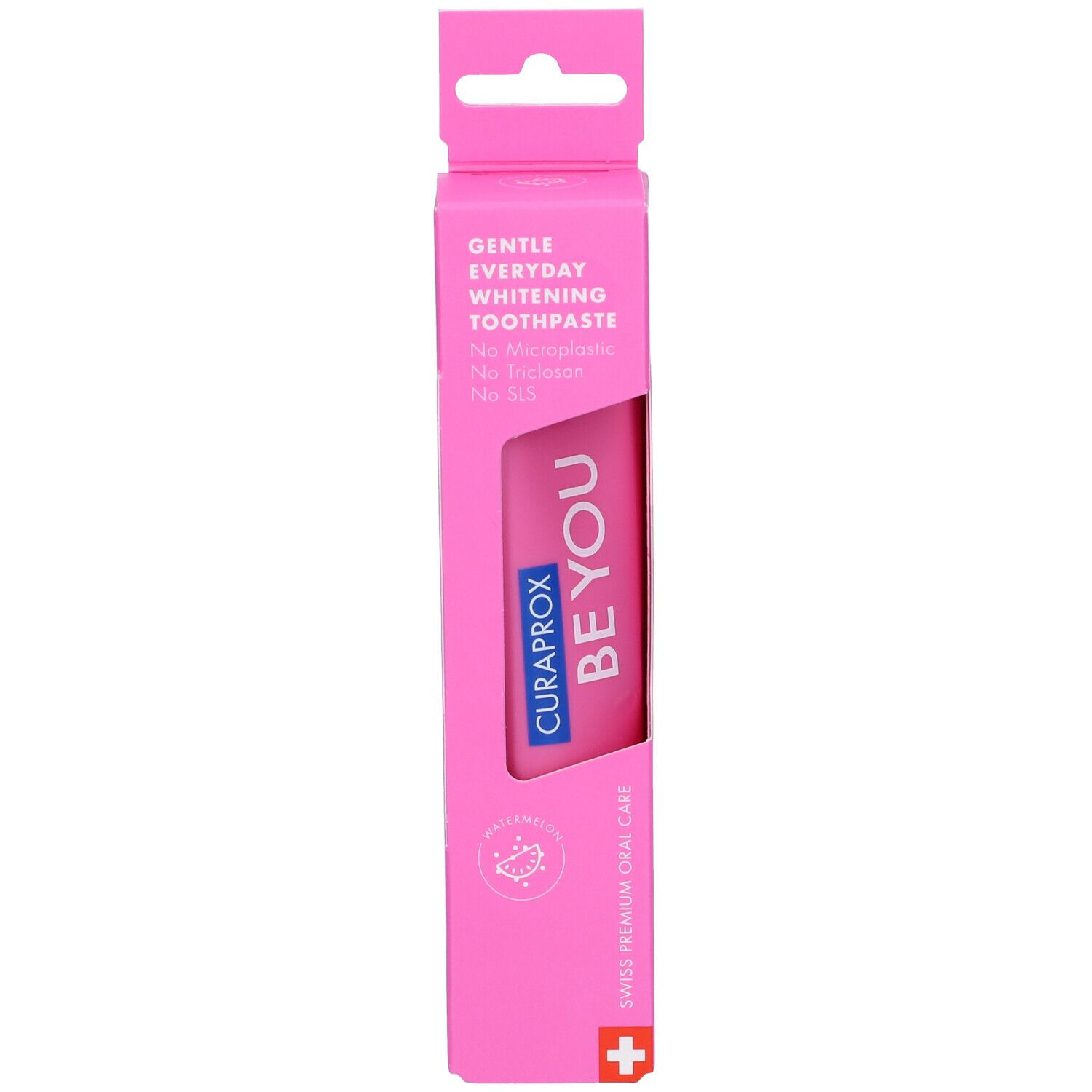 Confezione rosa con tubo di dentifricio. CURAPROX BE YOU, Gentle Everyday Whitening Toothpaste. Dispositivo per appendere. Swiss Premium Oral Care.