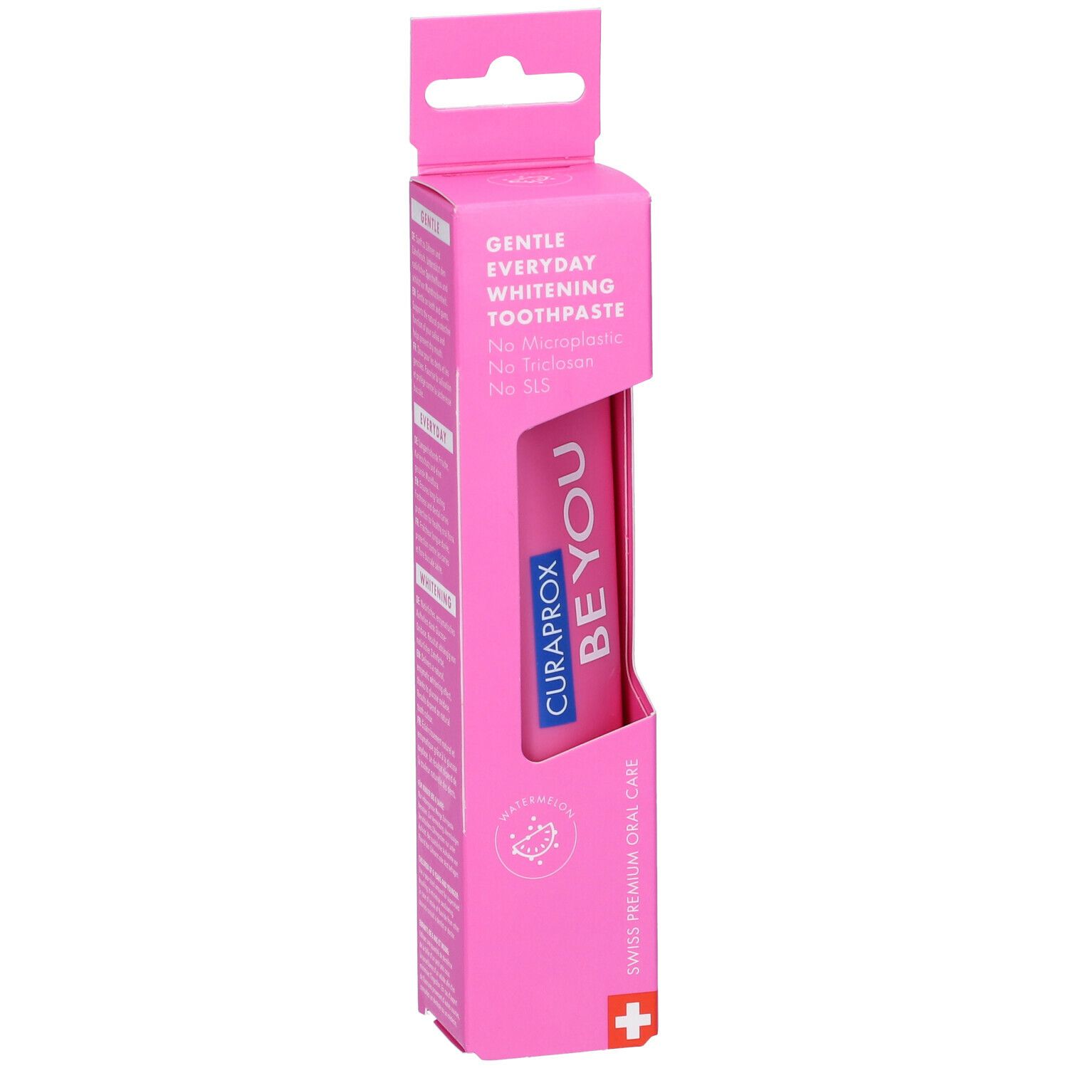 Confezione rosa con tubo di dentifricio. CURAPROX BE YOU, Gentle Everyday Whitening Toothpaste. Dispositivo per appendere. Swiss Premium Oral Care.