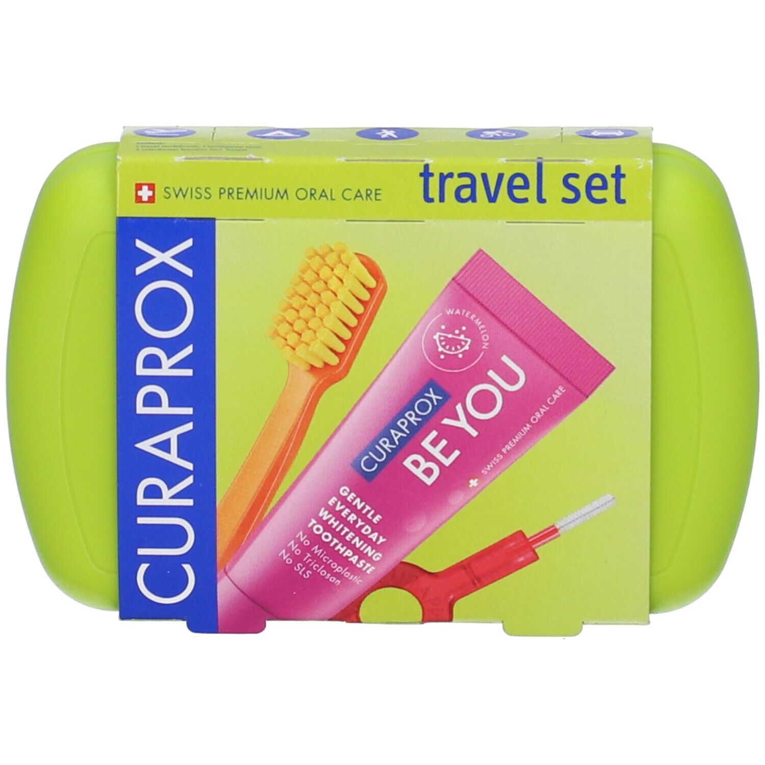 Set da viaggio Curaprox verde con spazzolino, dentifricio e scovolino. Scritta: Curaprox, Be You.