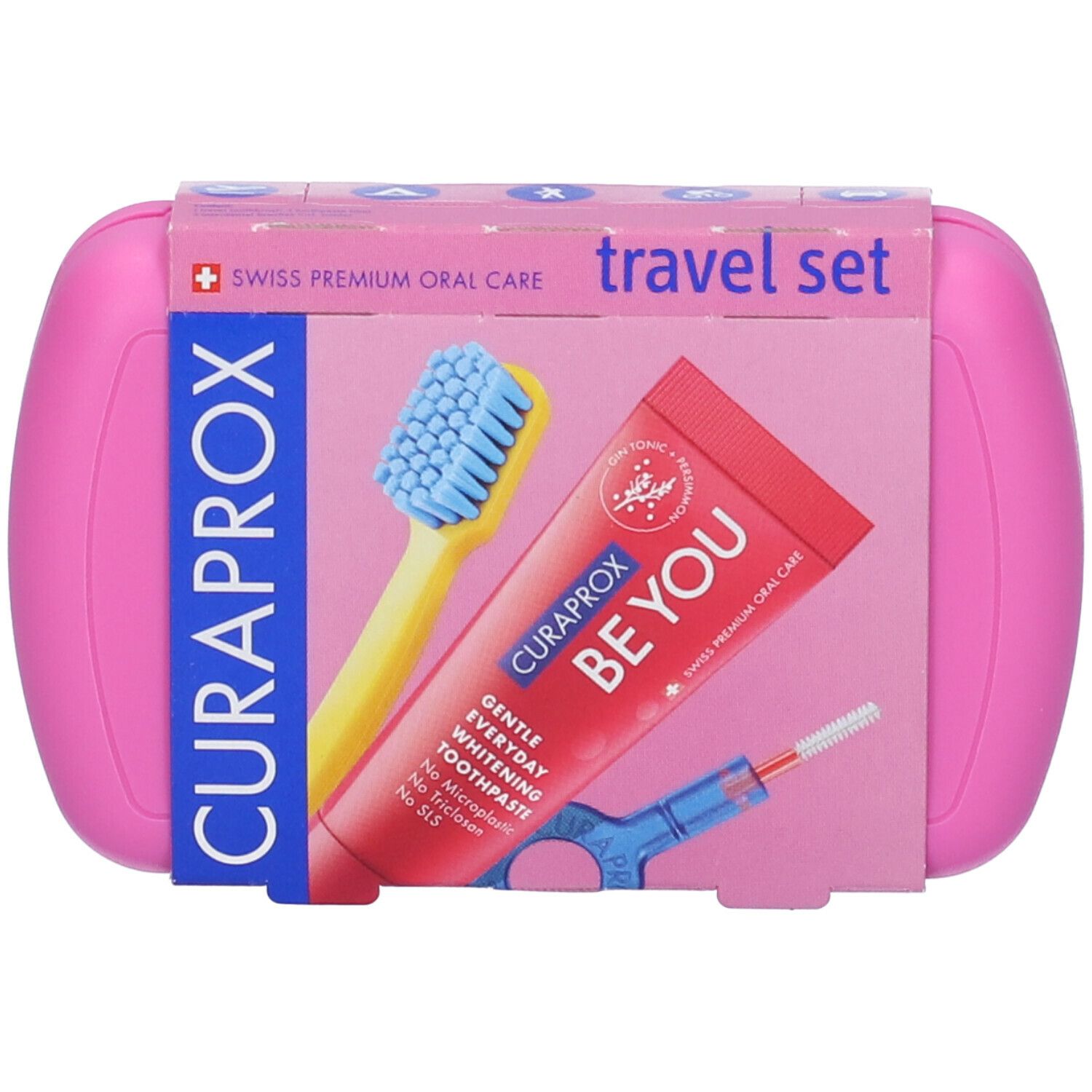 Set da viaggio rosa con spazzolino, dentifricio e scovolino interdentale. Marchio Curaprox. Scritta: Travel Set.