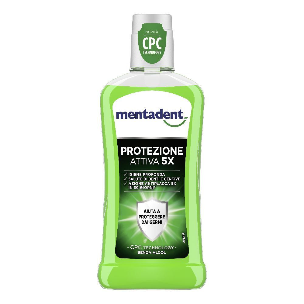 Flacone di collutorio verde. Scritte: Mentadent, Protezione Attiva 5X, CPC Technology. Aiuta a proteggere dai germi. Senza alcool.