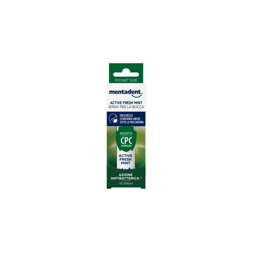 Mentadent Active Fresh Mint Spray. Confezione verde e bianca. Testo: Active Fresh Mint, Pocket Size, Azione antibatterica.