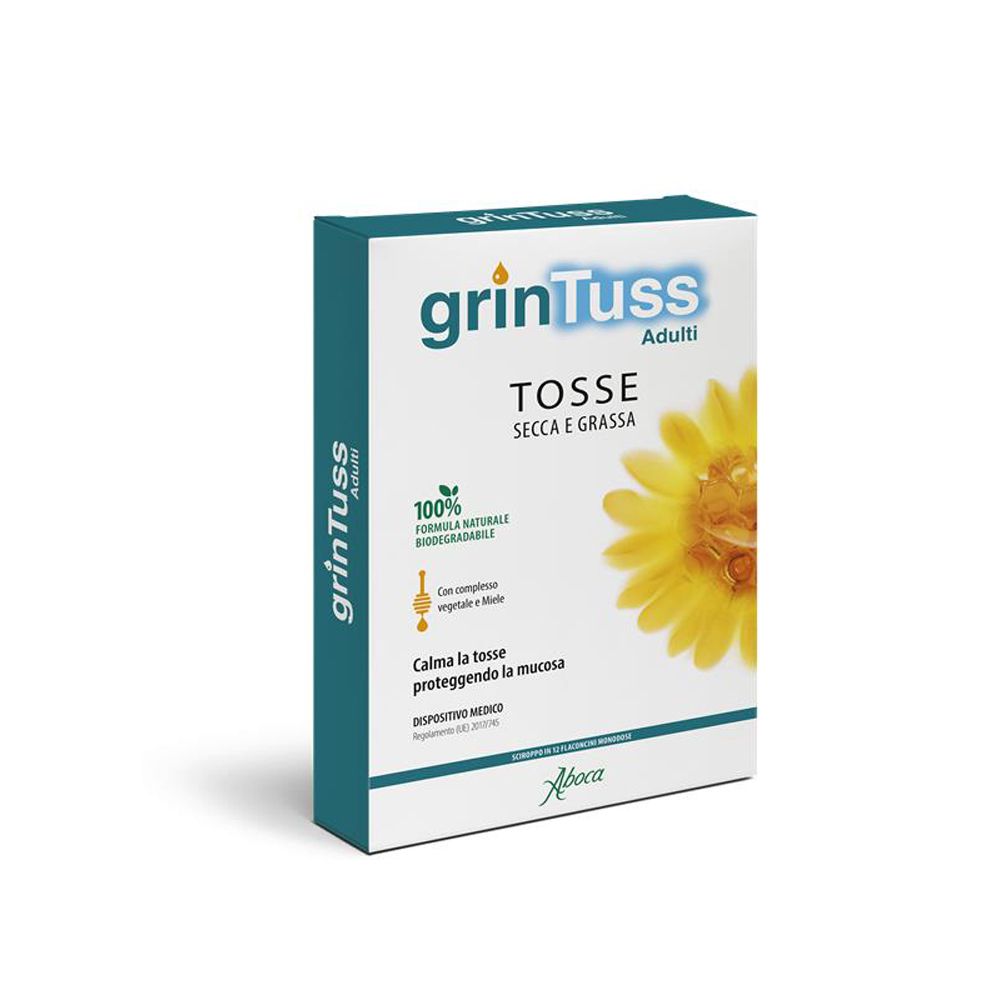 Confezione di Grintuss Adulti. Scatola bianca con bordo blu. Scritta: Grintuss Adulti, fiore giallo, foglie verdi, testo.