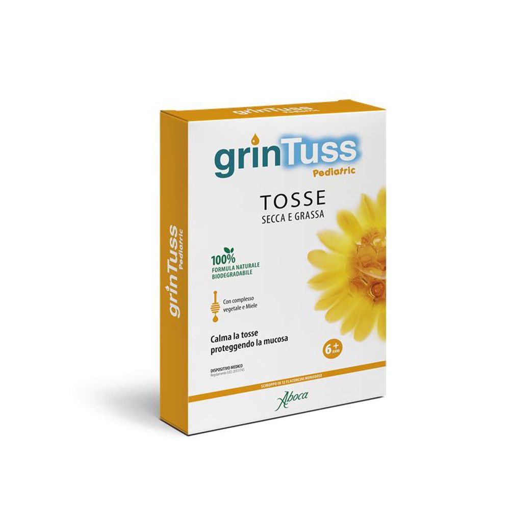 Confezione di Grintuss Pediatric Flaconcini. Scatola gialla e bianca con nome del prodotto e illustrazione di girasole.