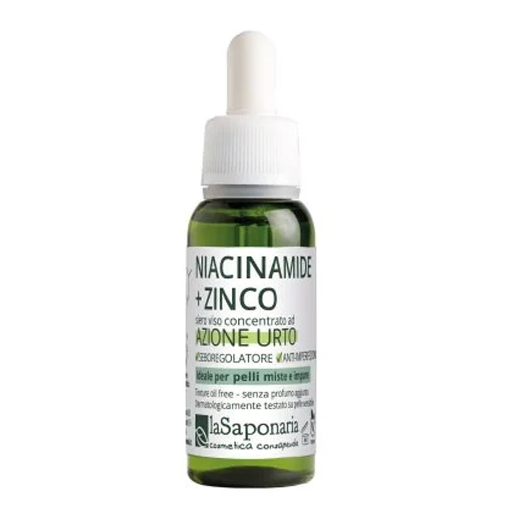Flacone di vetro verde con tappo bianco e pipetta. Scritta: Niacinamide + Zinco, siero per pelli miste. Marchio: La Saponaria.
