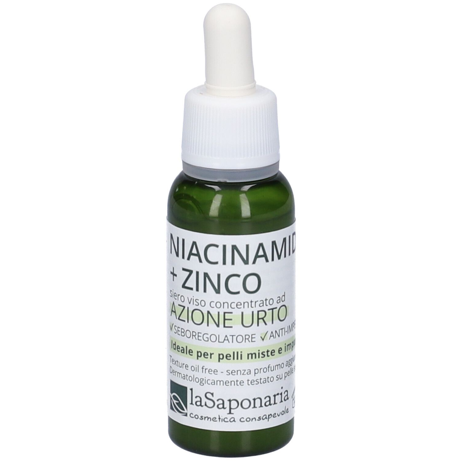 Flacone di vetro verde con tappo bianco e pipetta. Scritta: Niacinamide + Zinco, siero per pelli miste. Marchio: La Saponaria.