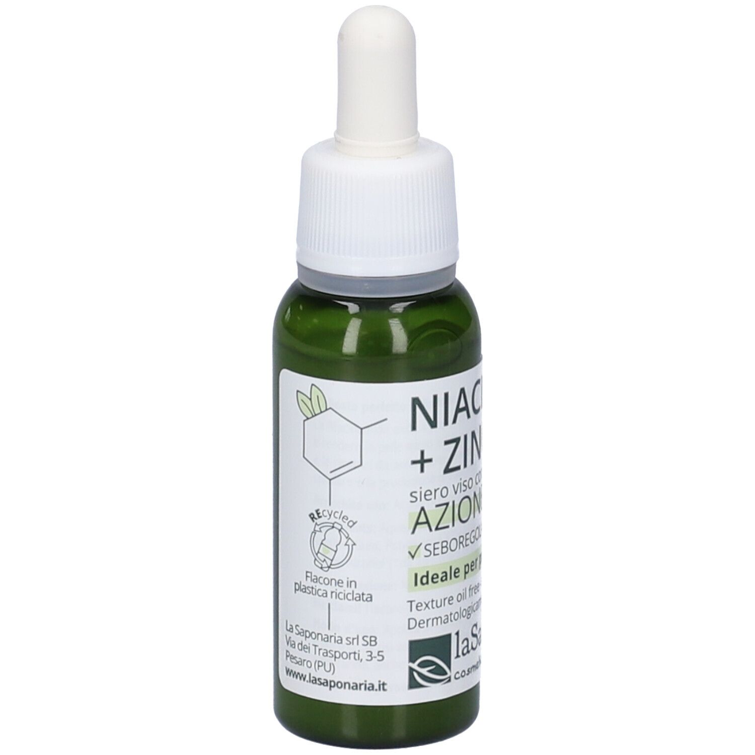 Flacone di vetro verde con tappo bianco e pipetta. Scritta: Niacinamide + Zinco, siero per pelli miste. Marchio: La Saponaria.