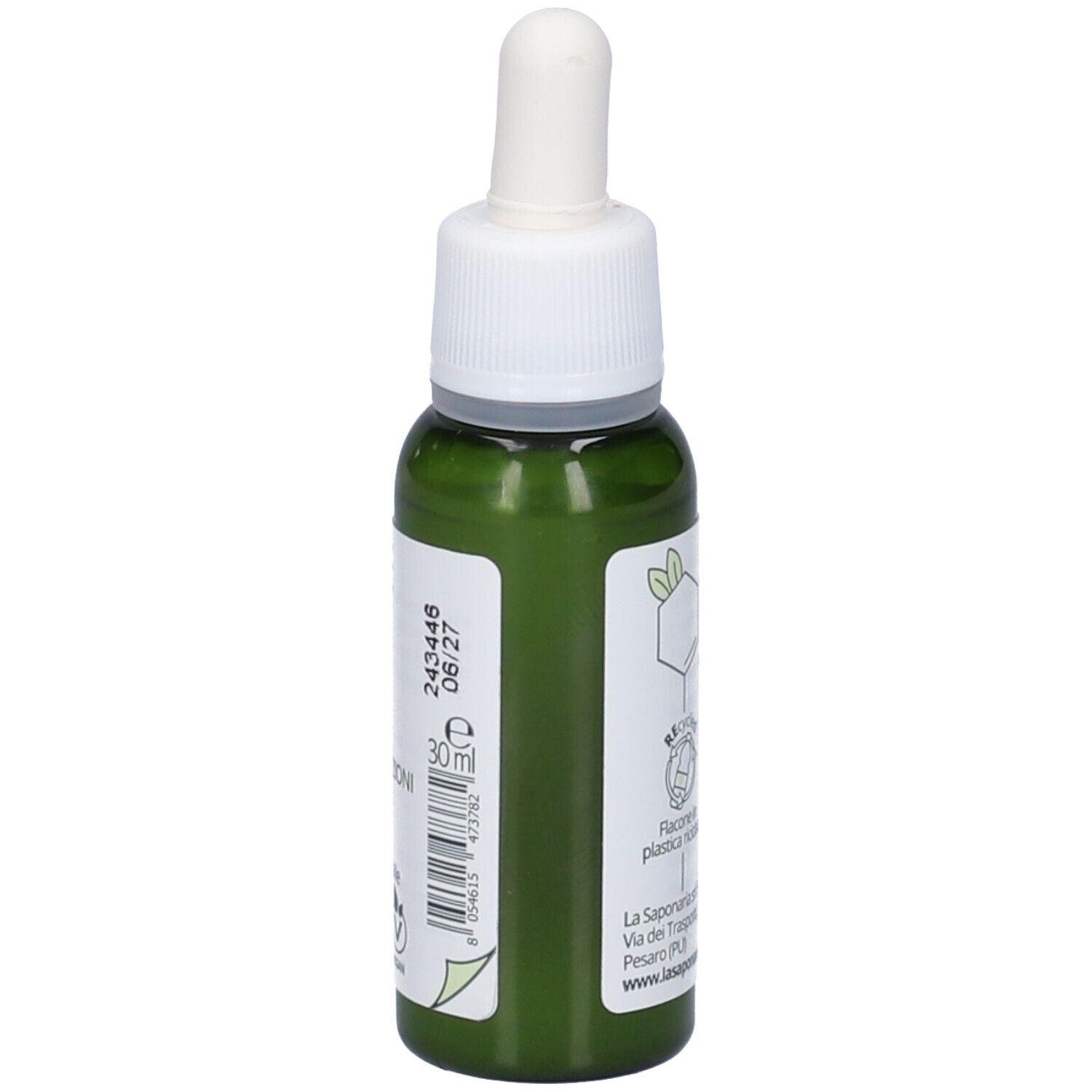 Flacone di vetro verde con tappo bianco e pipetta. Scritta: Niacinamide + Zinco, siero per pelli miste. Marchio: La Saponaria.