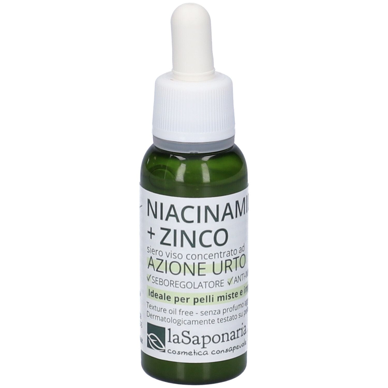 Flacone di vetro verde con tappo bianco e pipetta. Scritta: Niacinamide + Zinco, siero per pelli miste. Marchio: La Saponaria.