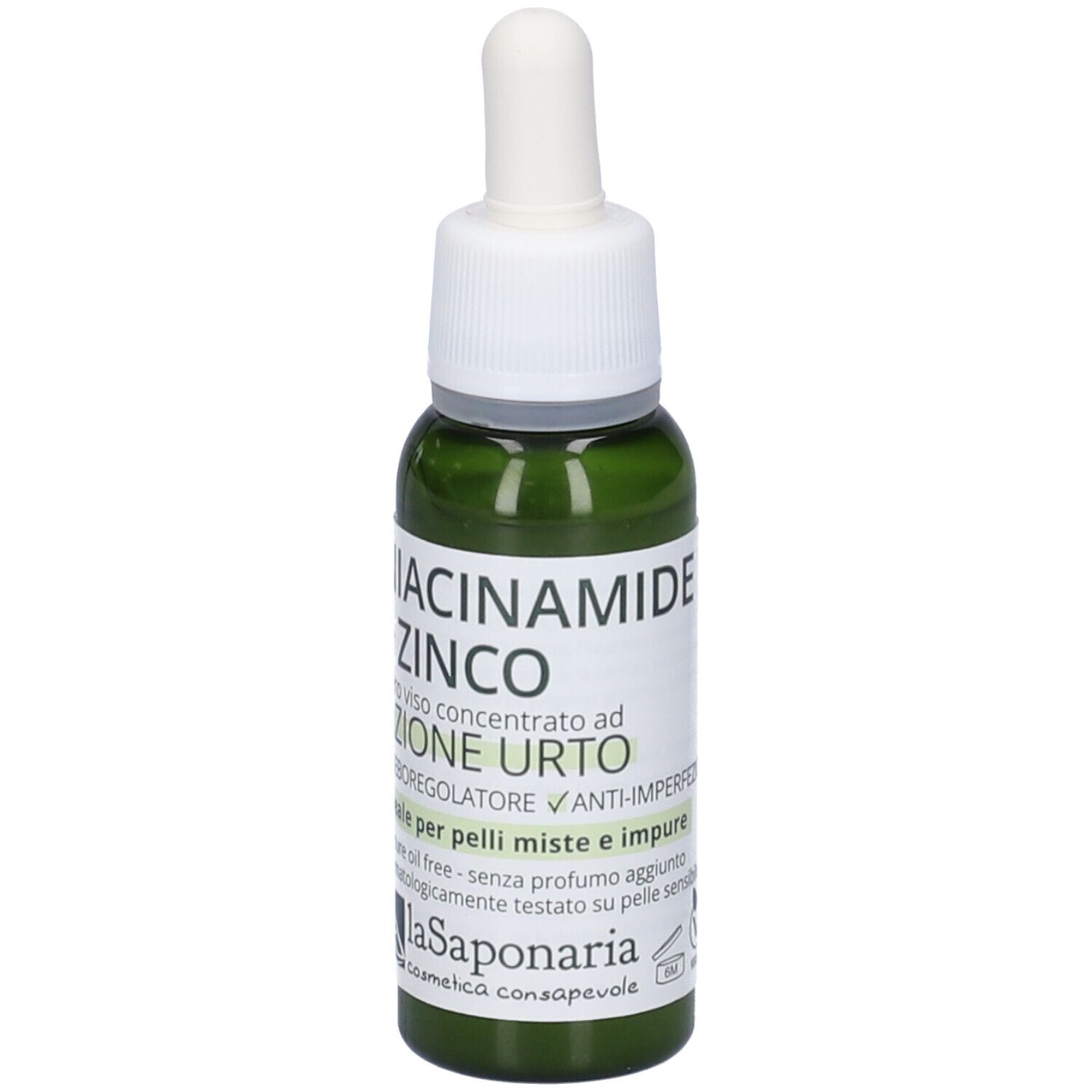 Flacone di vetro verde con tappo bianco e pipetta. Scritta: Niacinamide + Zinco, siero per pelli miste. Marchio: La Saponaria.