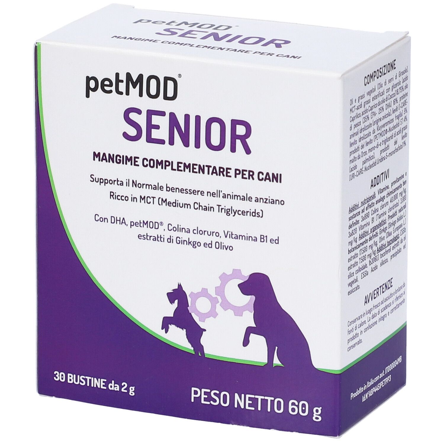 Confezione del prodotto con testo e ingredienti. Scatola bianca con accenti viola e silhouette di cane.