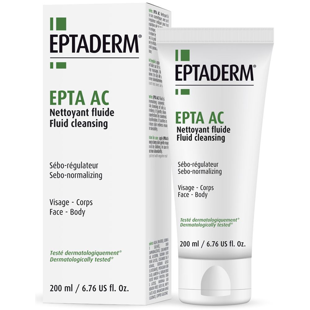 Tubo e scatola bianchi con stampa del prodotto. EPTADERM, EPTA AC, detergente fluido. 200 ml.