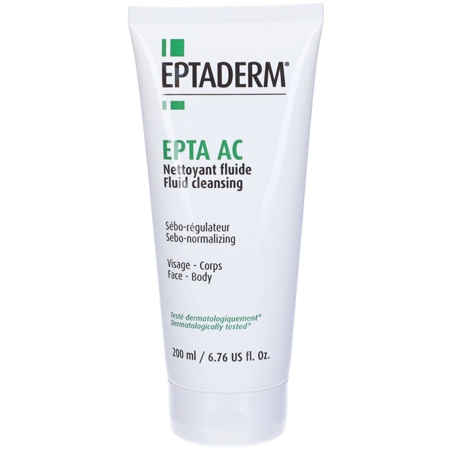 Tubo bianco con stampa verde. EPTADERM, EPTA AC, detergente fluido. 200 ml. Dermatologicamente testato.