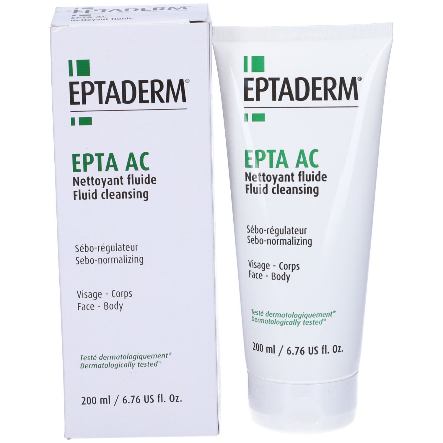 Confezione del prodotto. Tubo e scatola bianchi. EPTADERM, EPTA AC, detergente fluido. 200 ml. Testato dermatologicamente.