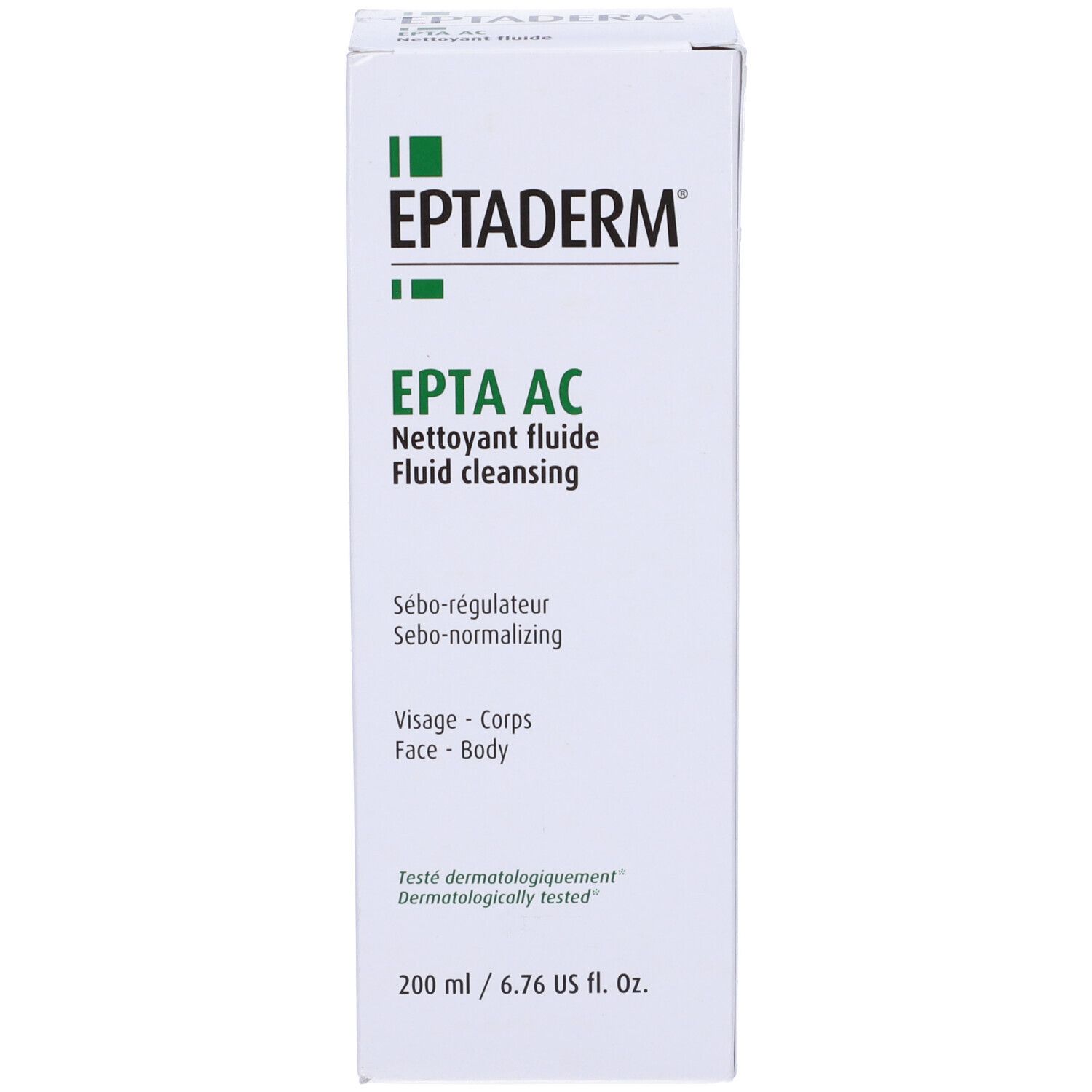 Scatola bianca con stampa verde. EPTADERM, EPTA AC, detergente fluido. 200 ml. Testato dermatologicamente.