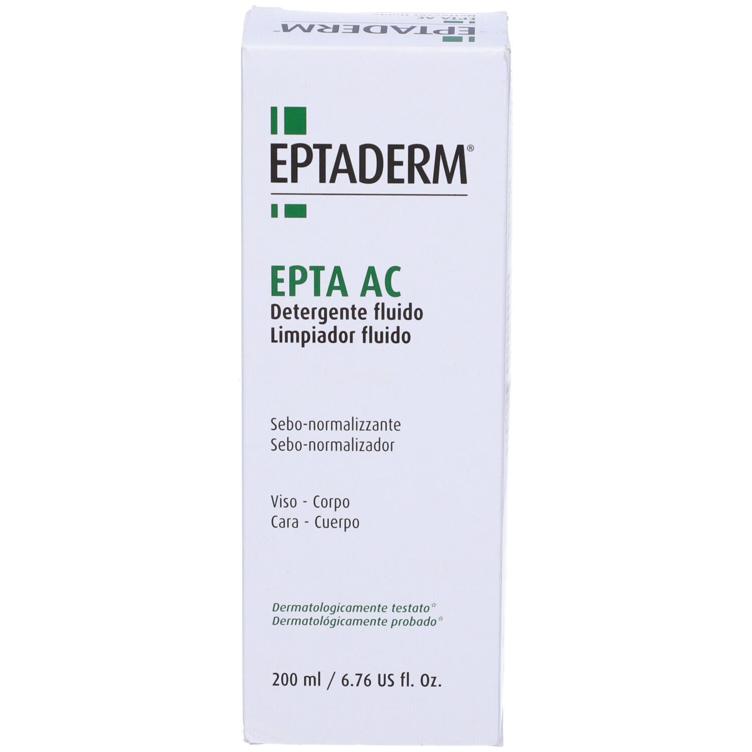 Scatola bianca con stampa verde. EPTADERM, EPTA AC, detergente fluido. 200 ml. Testato dermatologicamente.