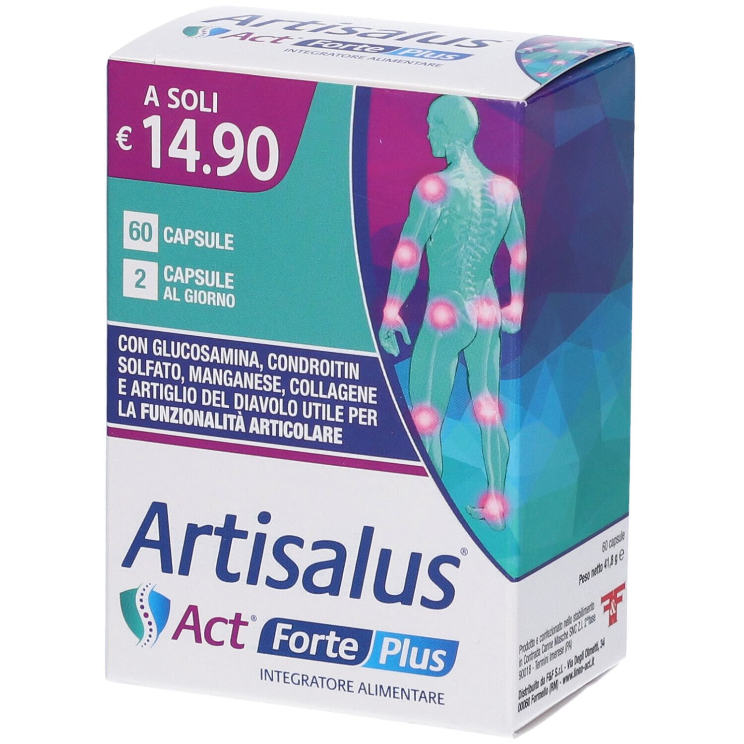 Confezione Artisalus Act Forte Plus. Contiene 60 capsule. Prezzo: 14,90 €. Ingredienti e dosaggio stampati.