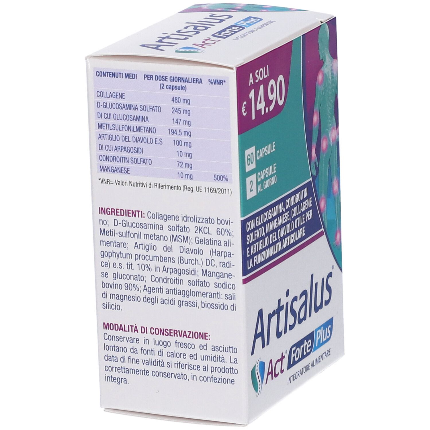 Confezione Artisalus Act Forte Plus. Retro con ingredienti e informazioni nutrizionali. Prezzo: 14,90 €.