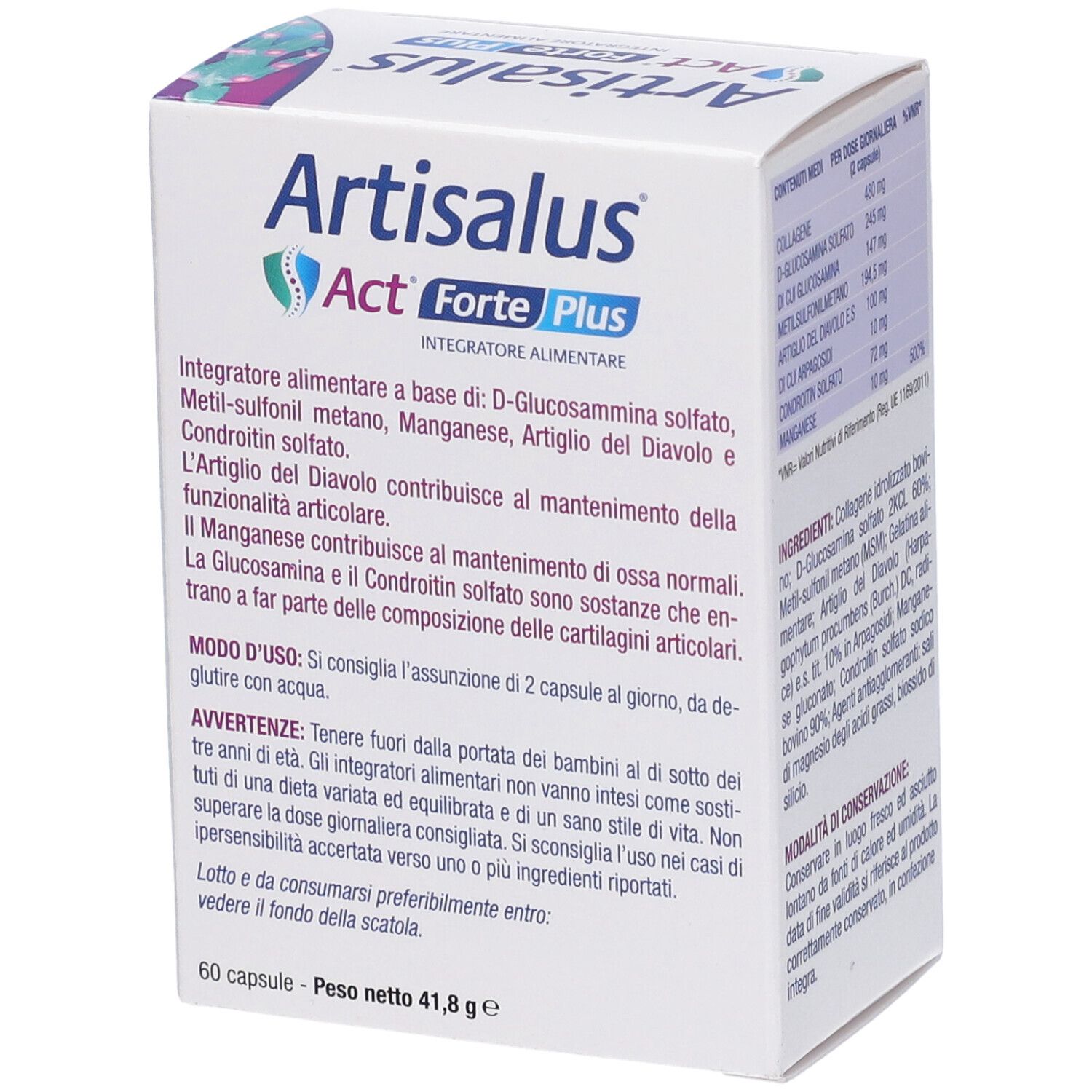 Confezione Artisalus Act Forte Plus. Testo su ingredienti e utilizzo. 60 capsule, peso netto 41,8 g.