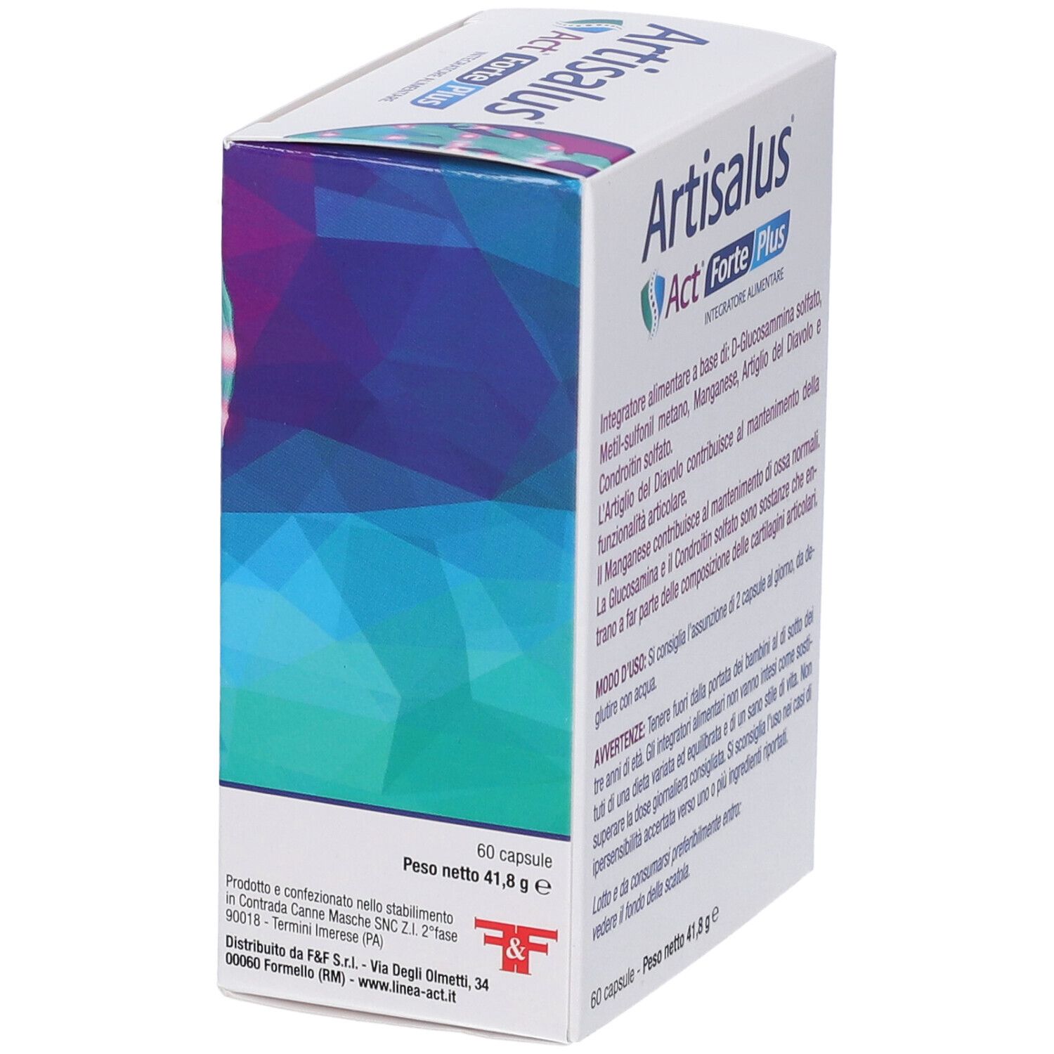 Confezione Artisalus Act Forte Plus. Lato con testo e informazioni produttore. 60 capsule, 41,8 g.