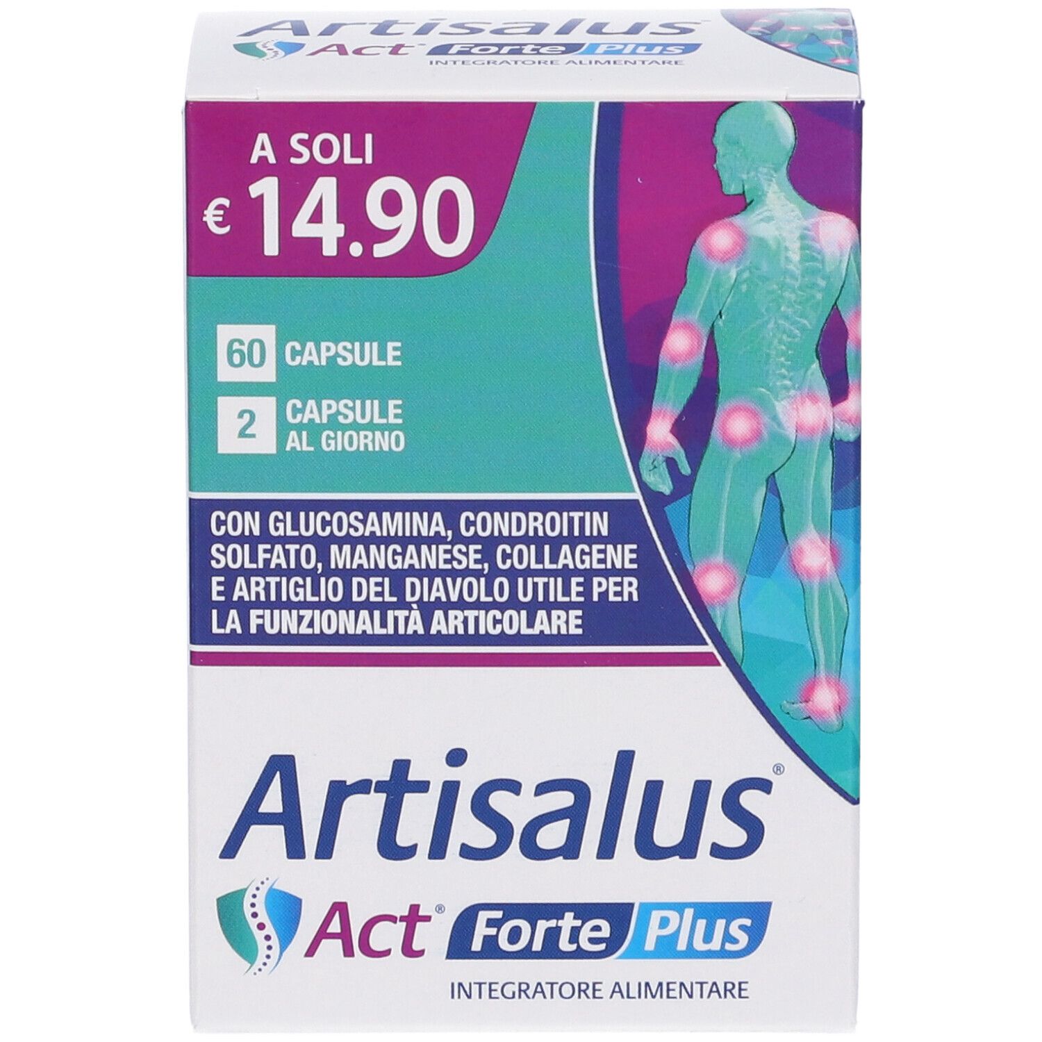 Confezione Artisalus Act Forte Plus. Contiene 60 capsule. Prezzo: 14,90 €. Illustrazione del corpo umano.
