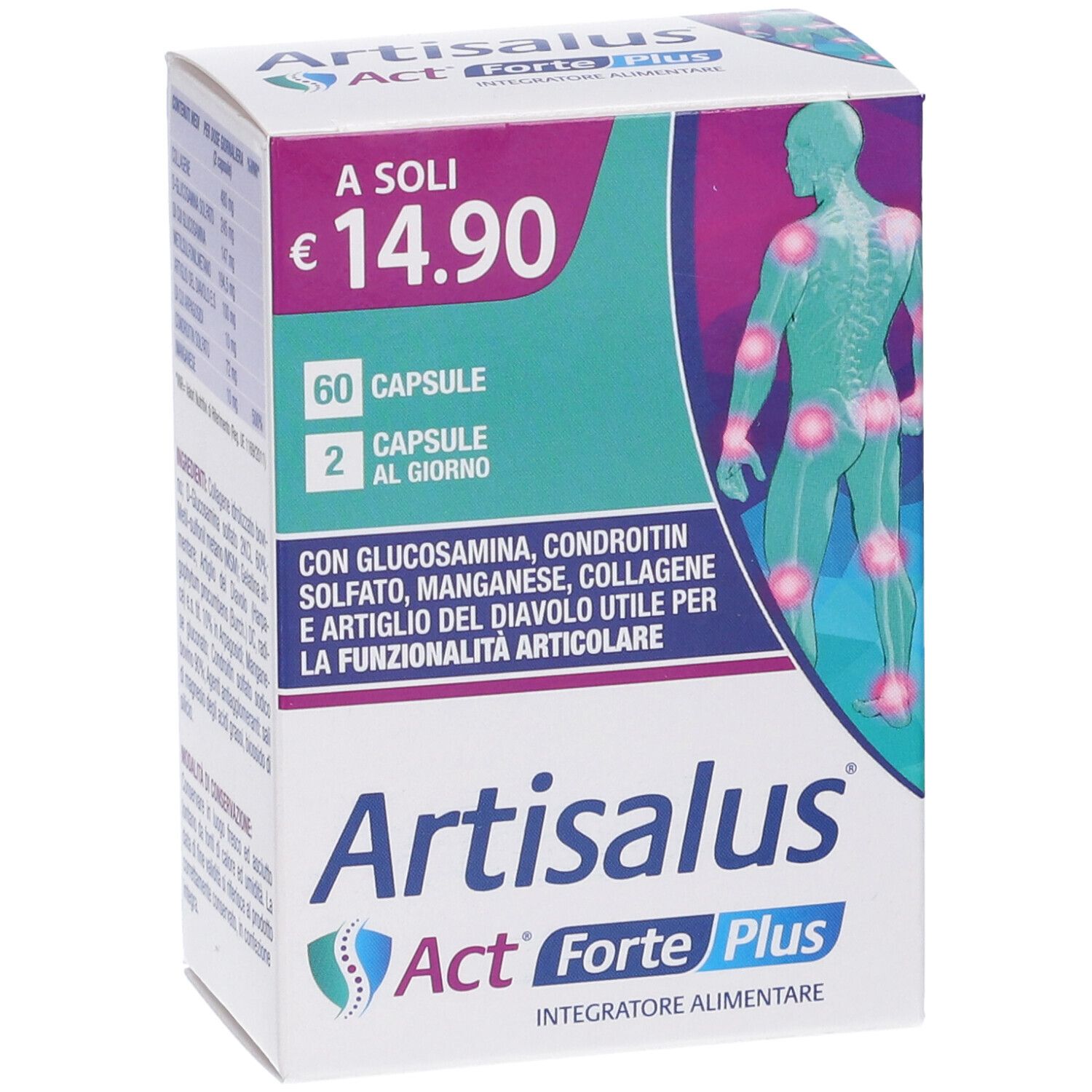 Confezione Artisalus Act Forte Plus. Contiene 60 capsule. Prezzo: 14,90 €. Illustrazione del corpo umano.