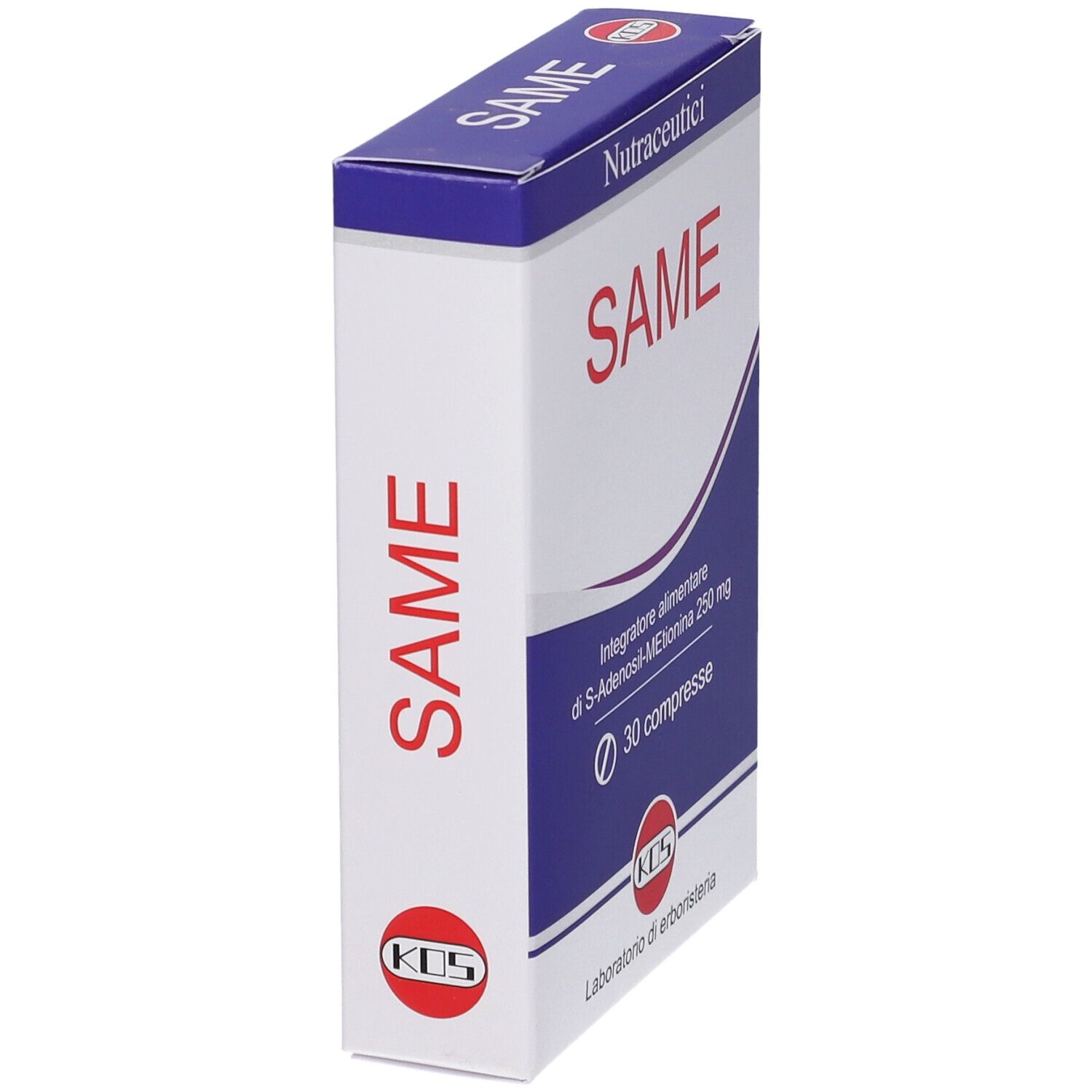 Scatola "SAME" in prospettiva. Confezione blu e bianca. Scritta "SAME" e logo KOS visibili.