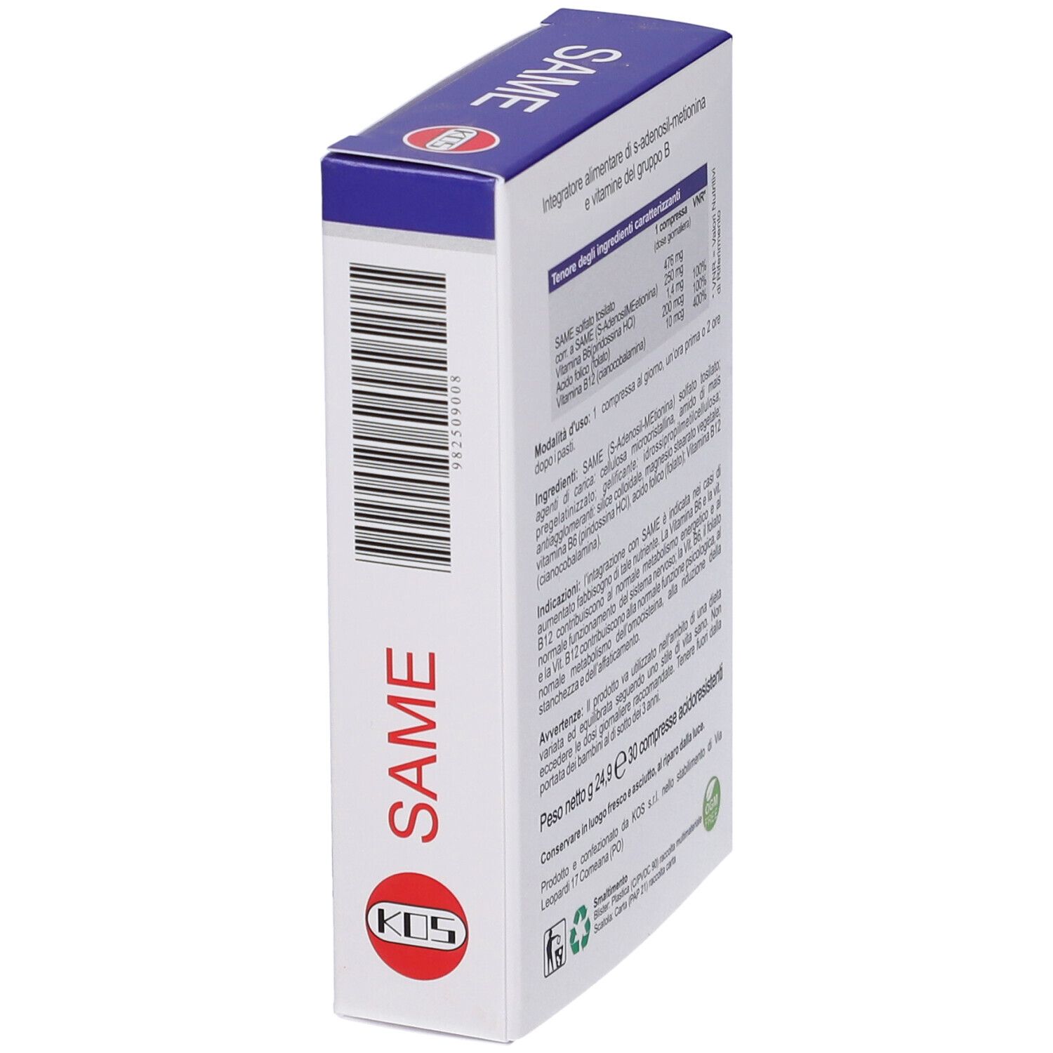 Prospettiva della confezione "SAME". Retro con testo. Logo KOS e codice a barre visibili.