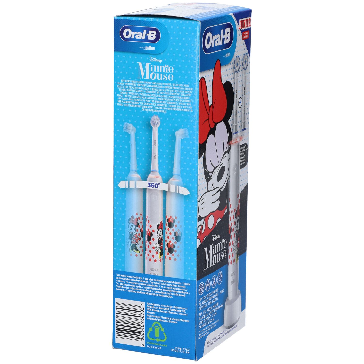 Retro confezione spazzolino elettrico Oral-B Junior Minnie Mouse. Tre testine e informazioni prodotto.
