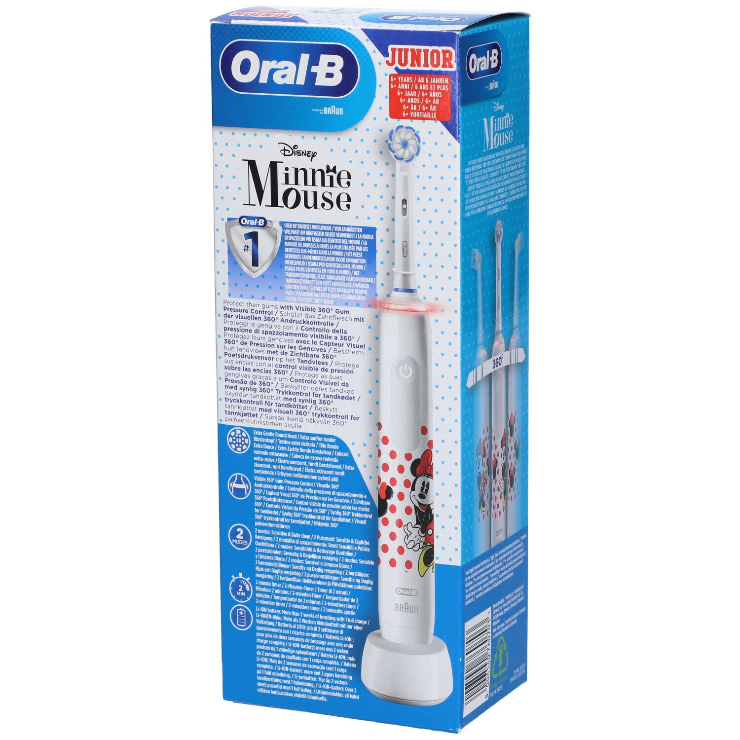 Confezione spazzolino elettrico Oral-B Junior Minnie Mouse. Testina, spazzolino e informazioni prodotto.
