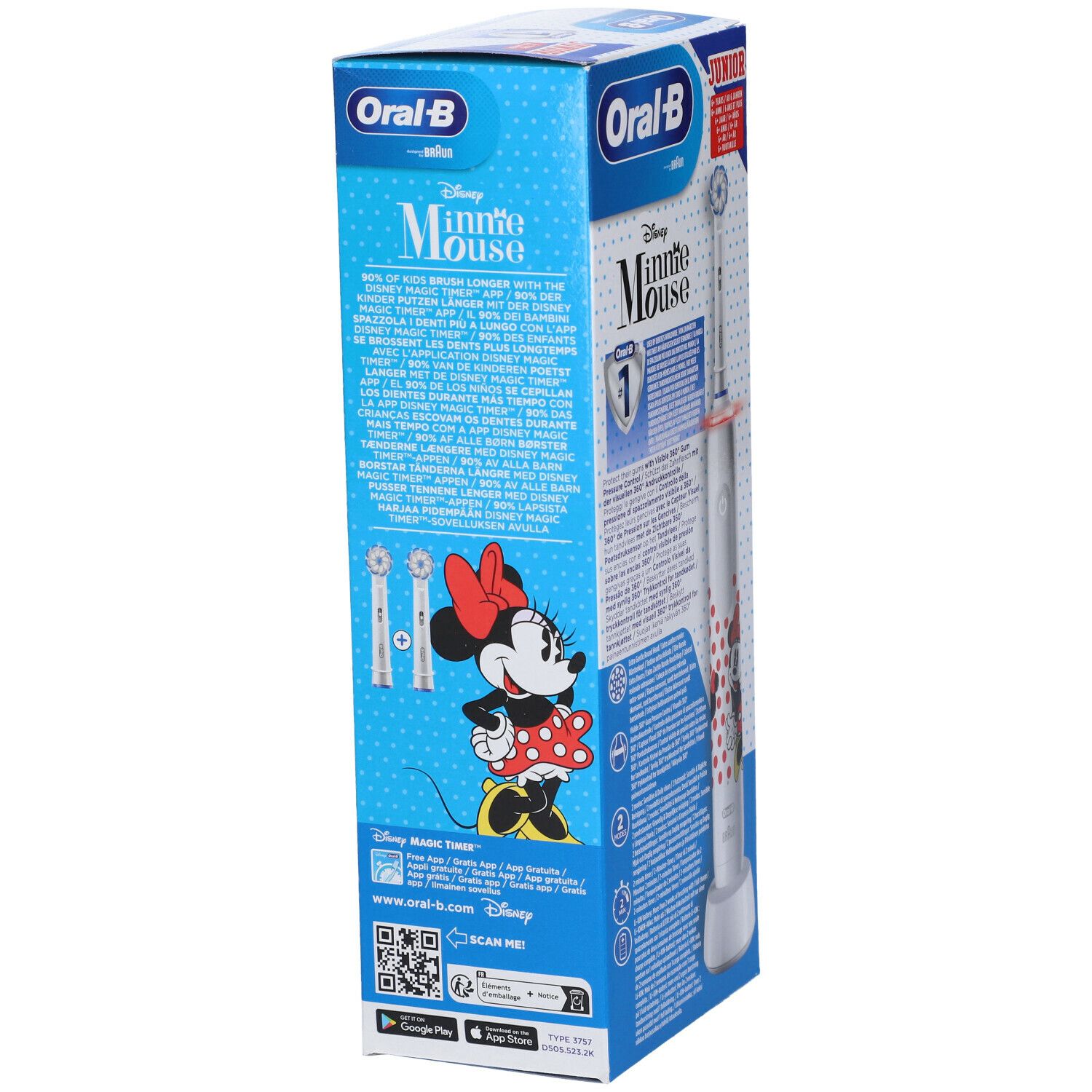 Lato confezione spazzolino elettrico Oral-B Junior Minnie Mouse. Testine, illustrazione Minnie e testo.