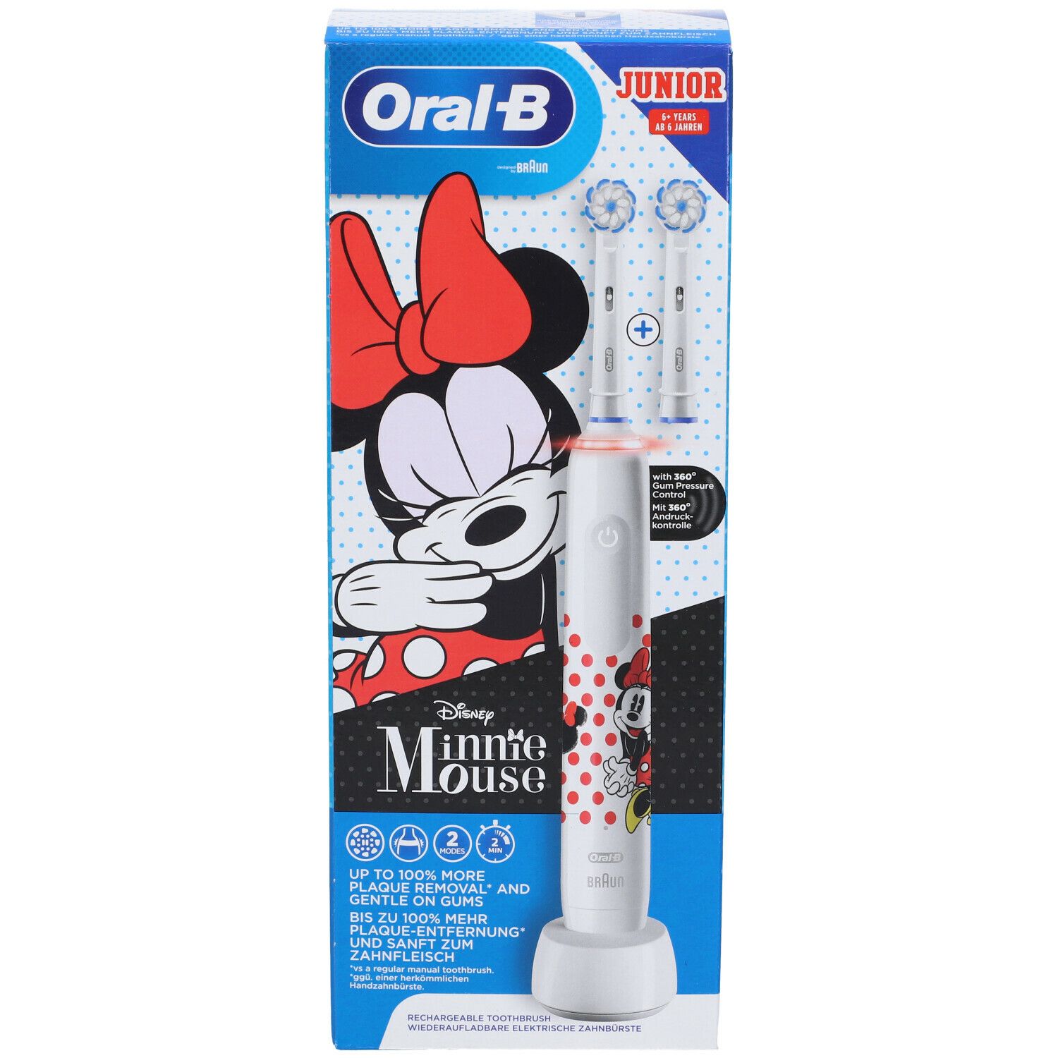 Spazzolino elettrico Oral-B Junior Minnie Mouse in confezione. Due testine e base di ricarica visibili.