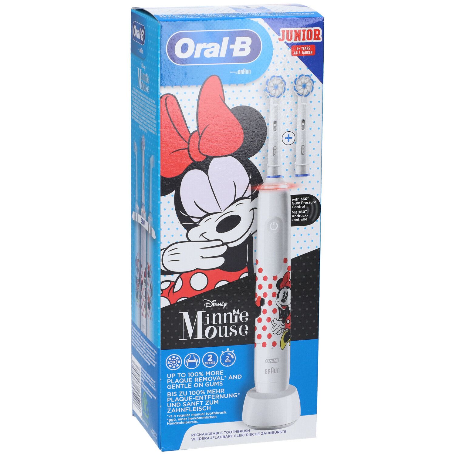 Spazzolino elettrico Oral-B Junior Minnie Mouse in confezione. Due testine e base di ricarica visibili.