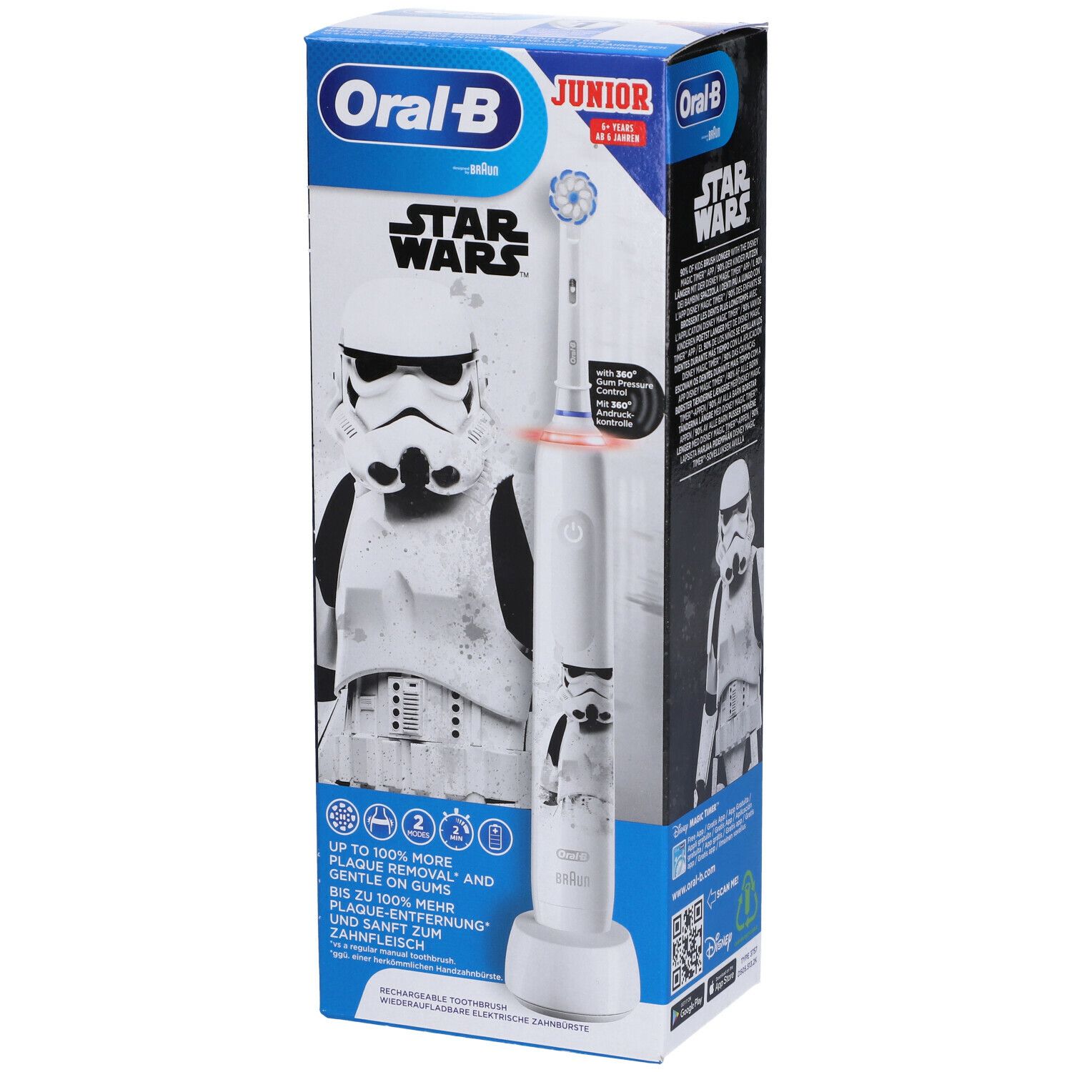 Spazzolino elettrico in confezione. Bianco, motivo Star Wars, base di ricarica. Marchio Oral-B Junior.