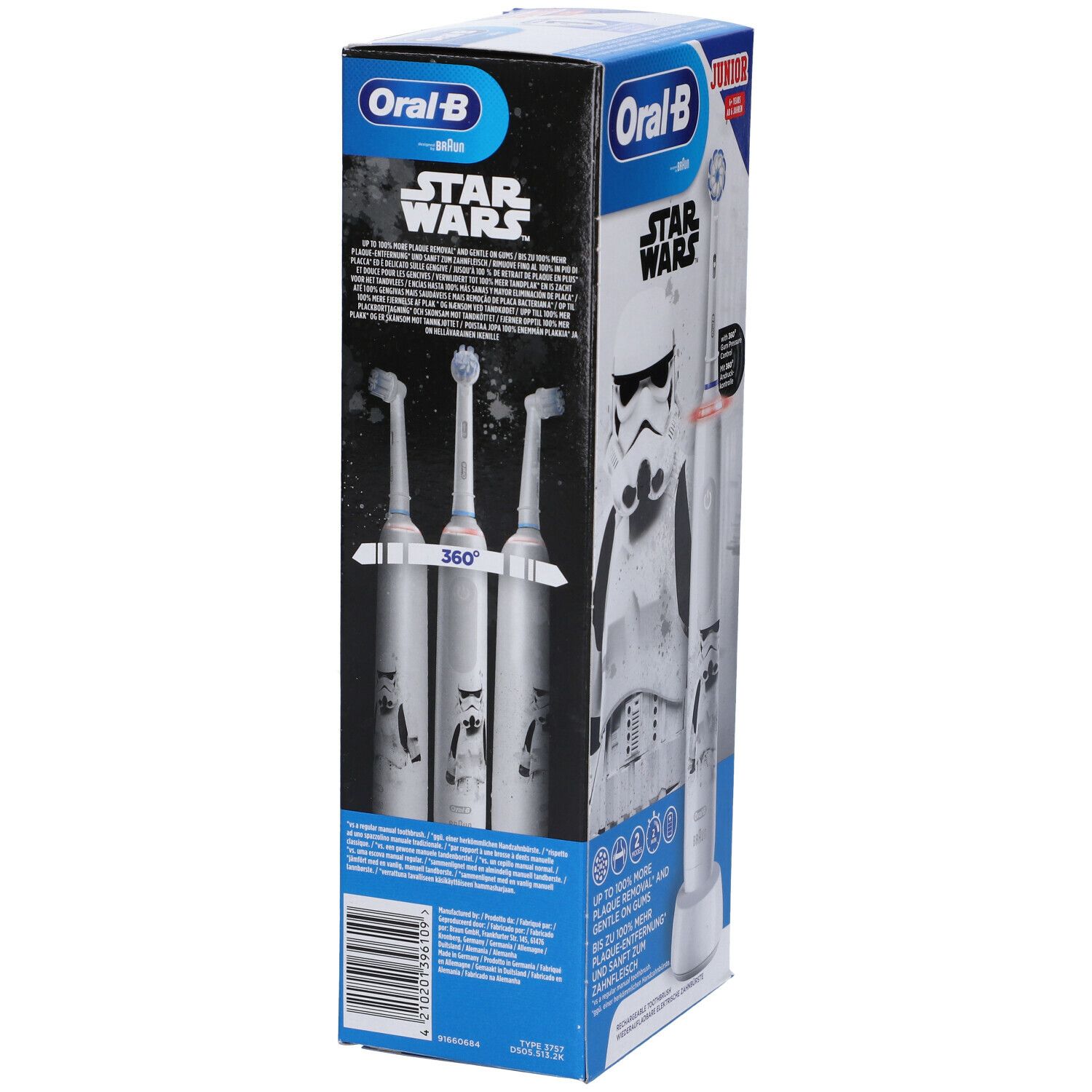 Confezione con spazzolino elettrico e testine. Motivo Star Wars. Marchio Oral-B.