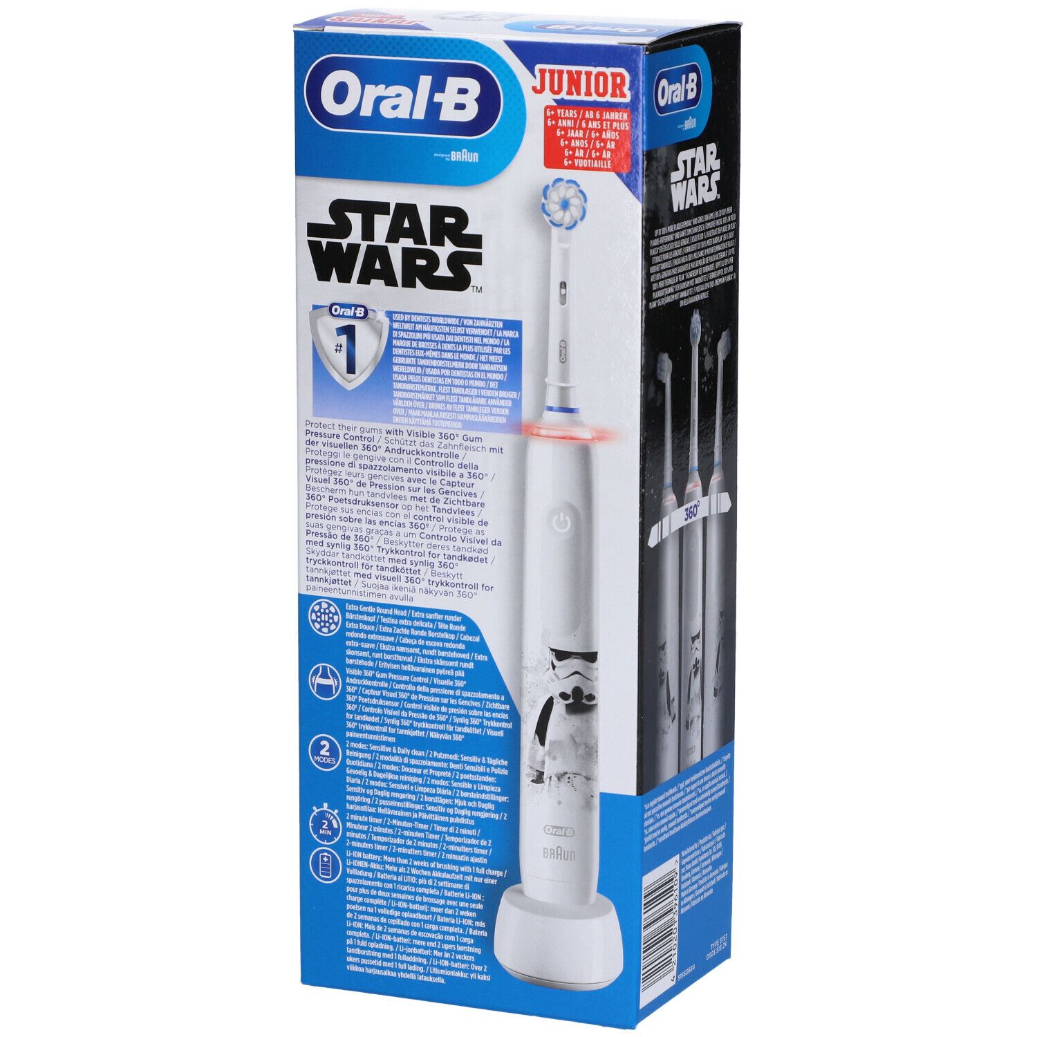 Confezione con spazzolino elettrico. Bianco, motivo Star Wars, base di ricarica. Marchio Oral-B Junior.