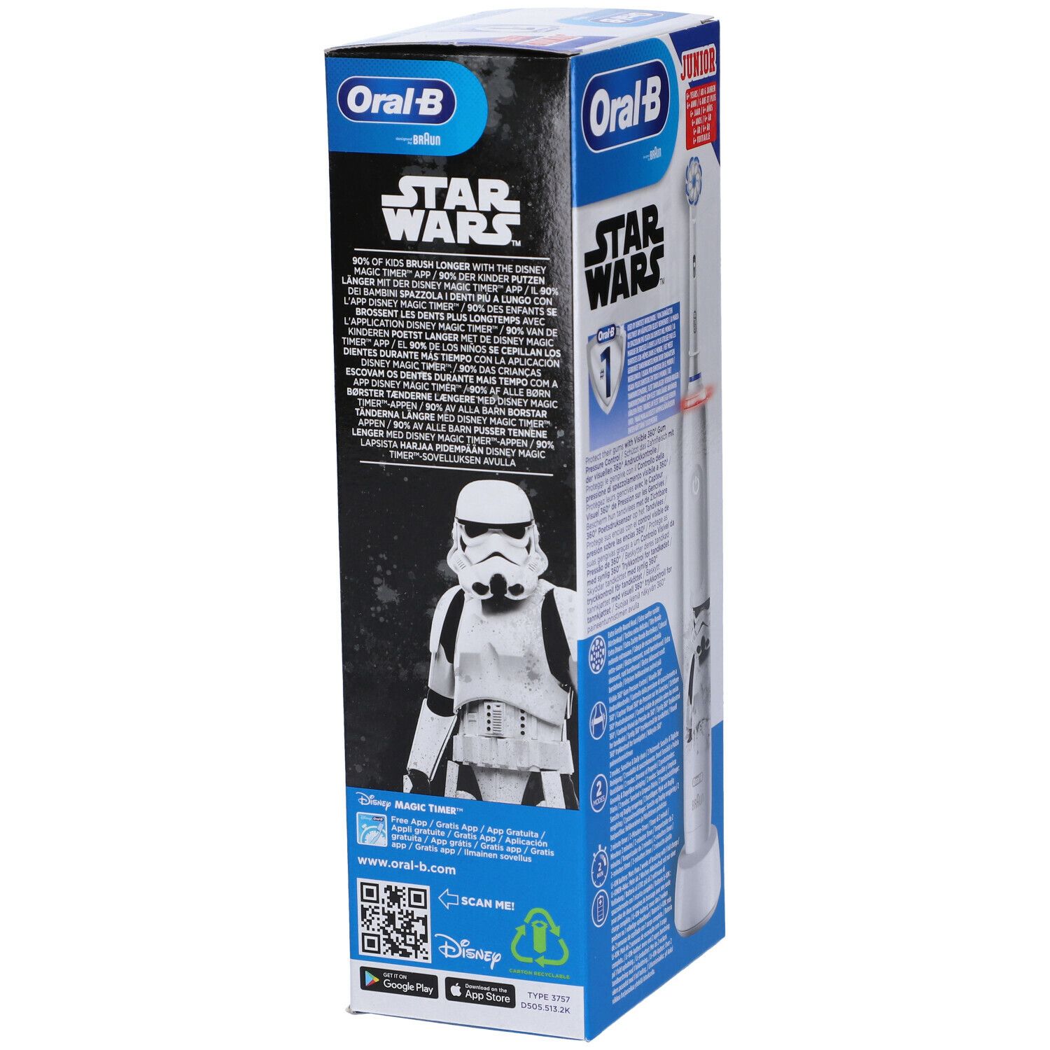 Confezione con spazzolino elettrico. Motivo Star Wars, marchio Oral-B. Retro con testo e QR code.