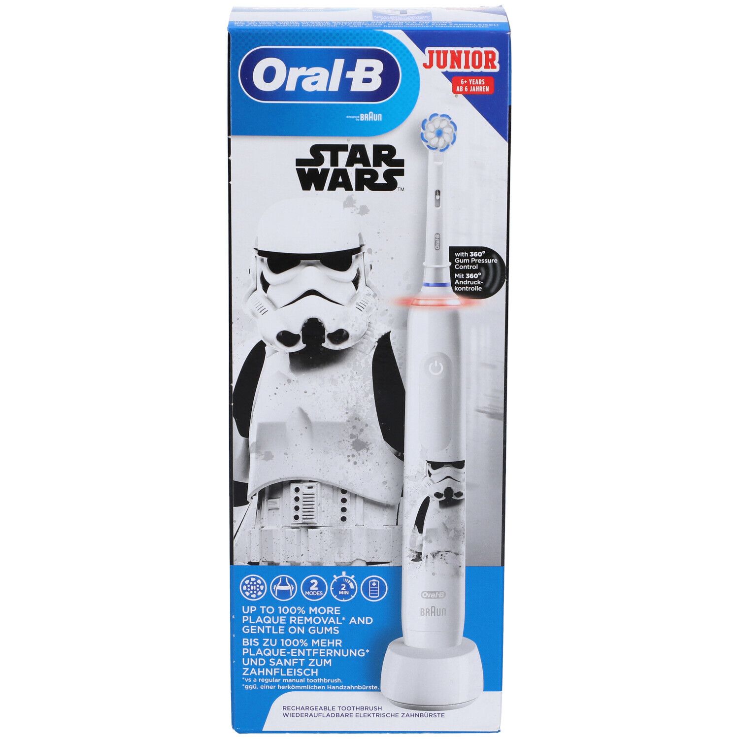 Spazzolino elettrico in confezione. Bianco, motivo Star Wars, base di ricarica. Marchio Oral-B Junior.