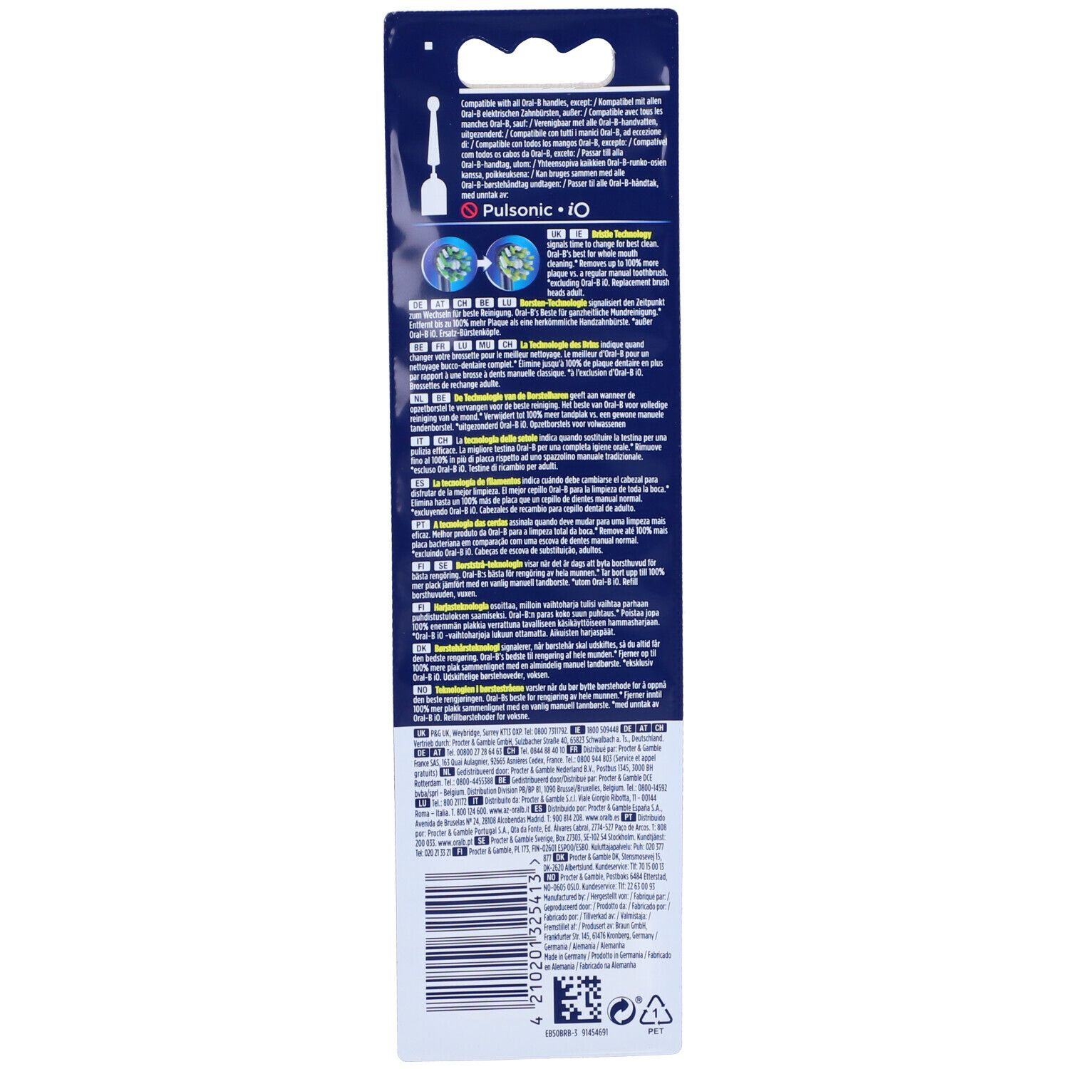 Confezione con informazioni sul prodotto. In alto a sinistra, illustrazione del prodotto. Testo multilingue.