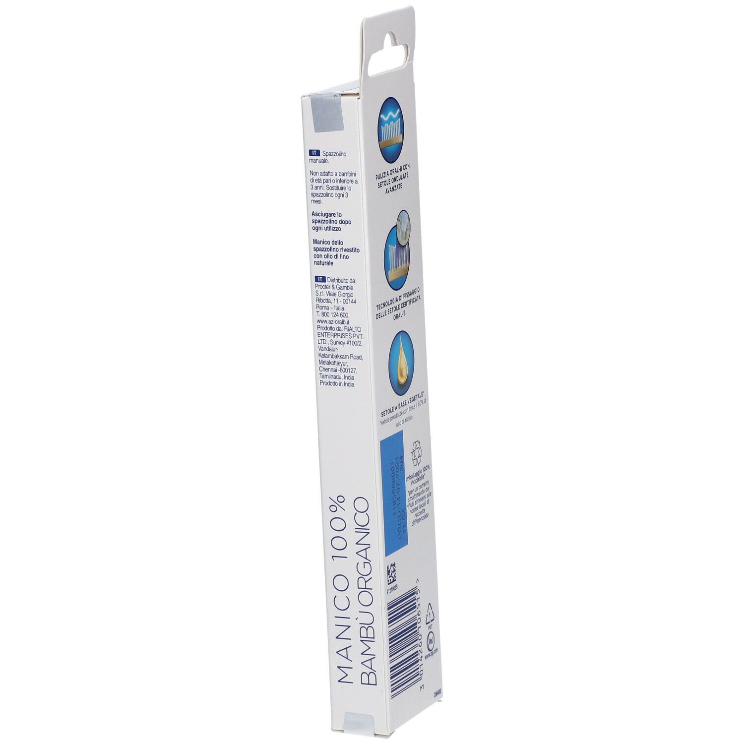 Confezione dello spazzolino. Retro con informazioni e loghi del prodotto. Colori blu e bianco.