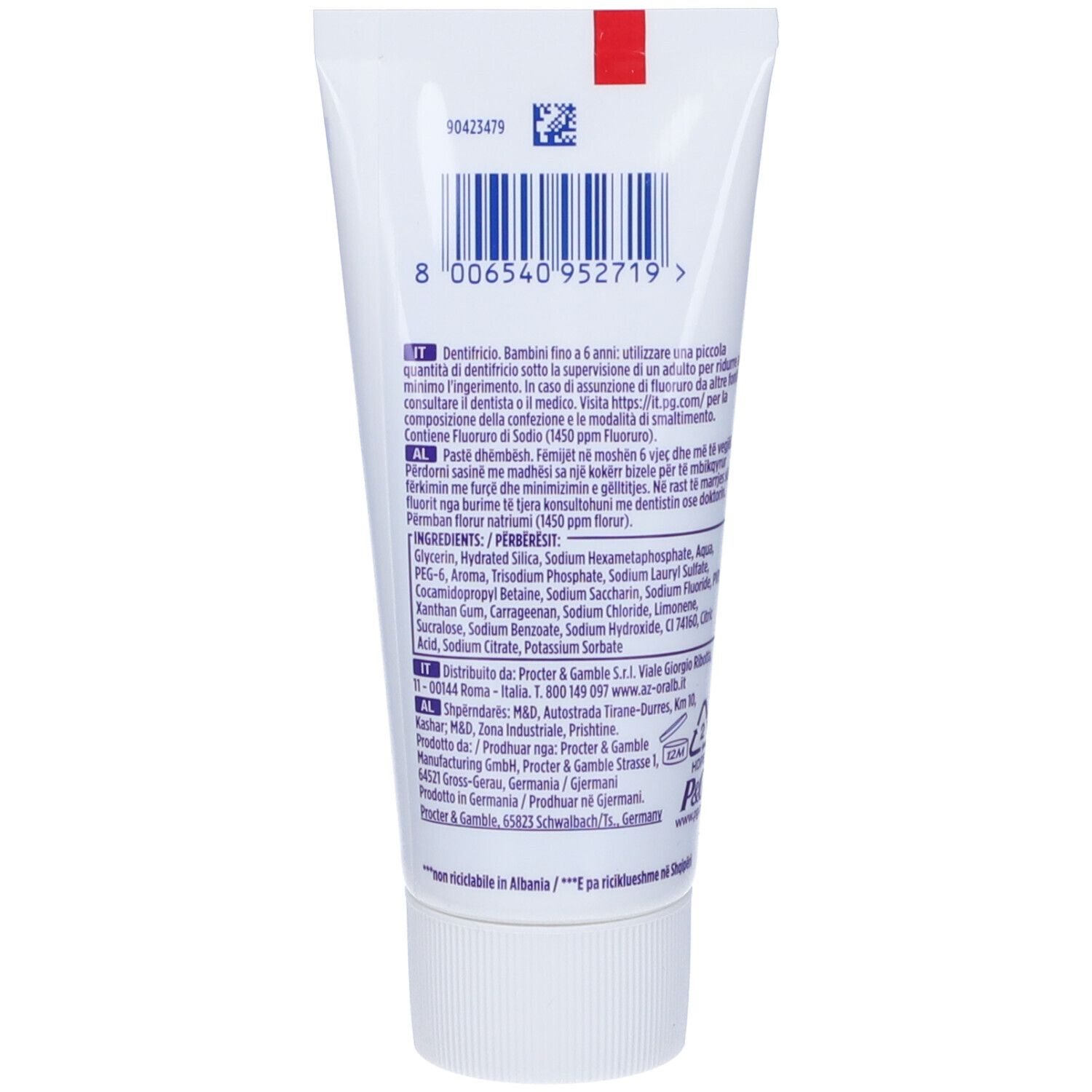 Retro del tubetto di dentifricio. Testo multilingue. Ingredienti e informazioni del produttore.