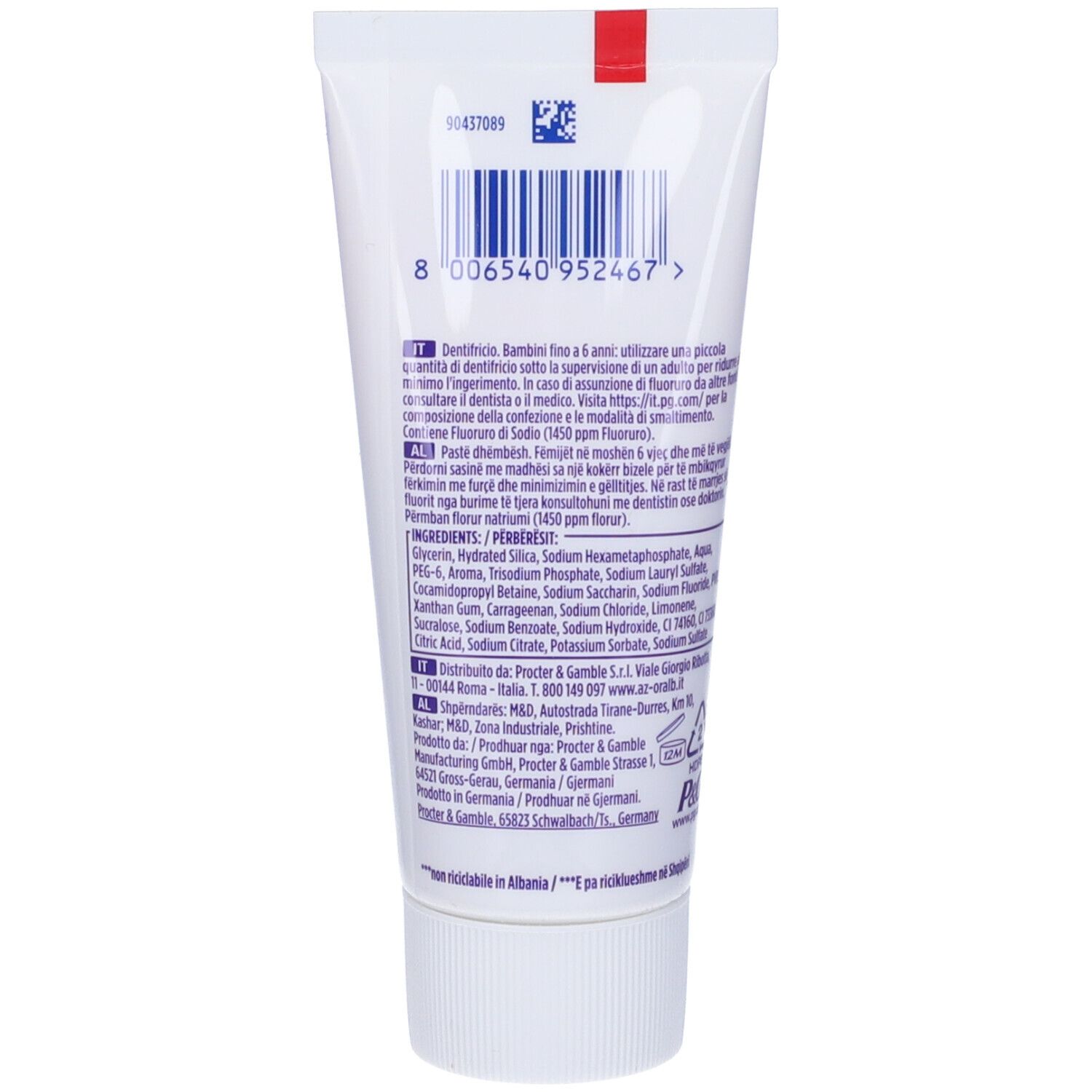 Retro di un tubetto di dentifricio. Contiene testo e codice a barre. Mostra ingredienti e informazioni del produttore.